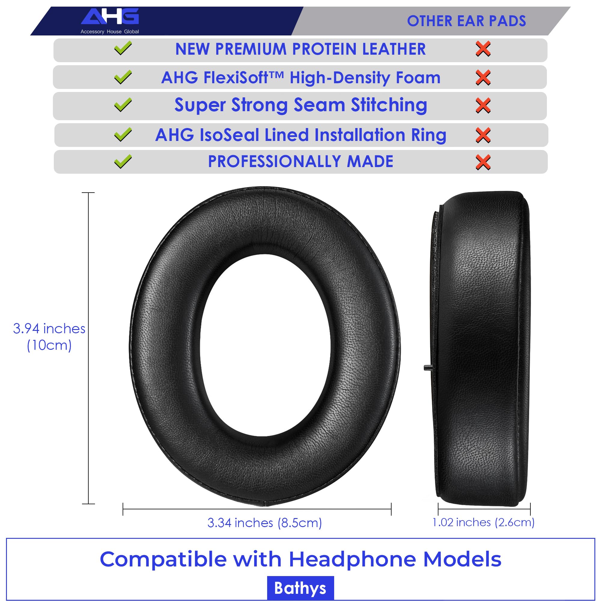 AHG Accessory House Global Bathys Coussinets de qualité supérieure compatibles avec les casques Focal Bathys Noir Cuir PU de qualité supérieure Mousse haute densité Réveil du bruit + Durabilité