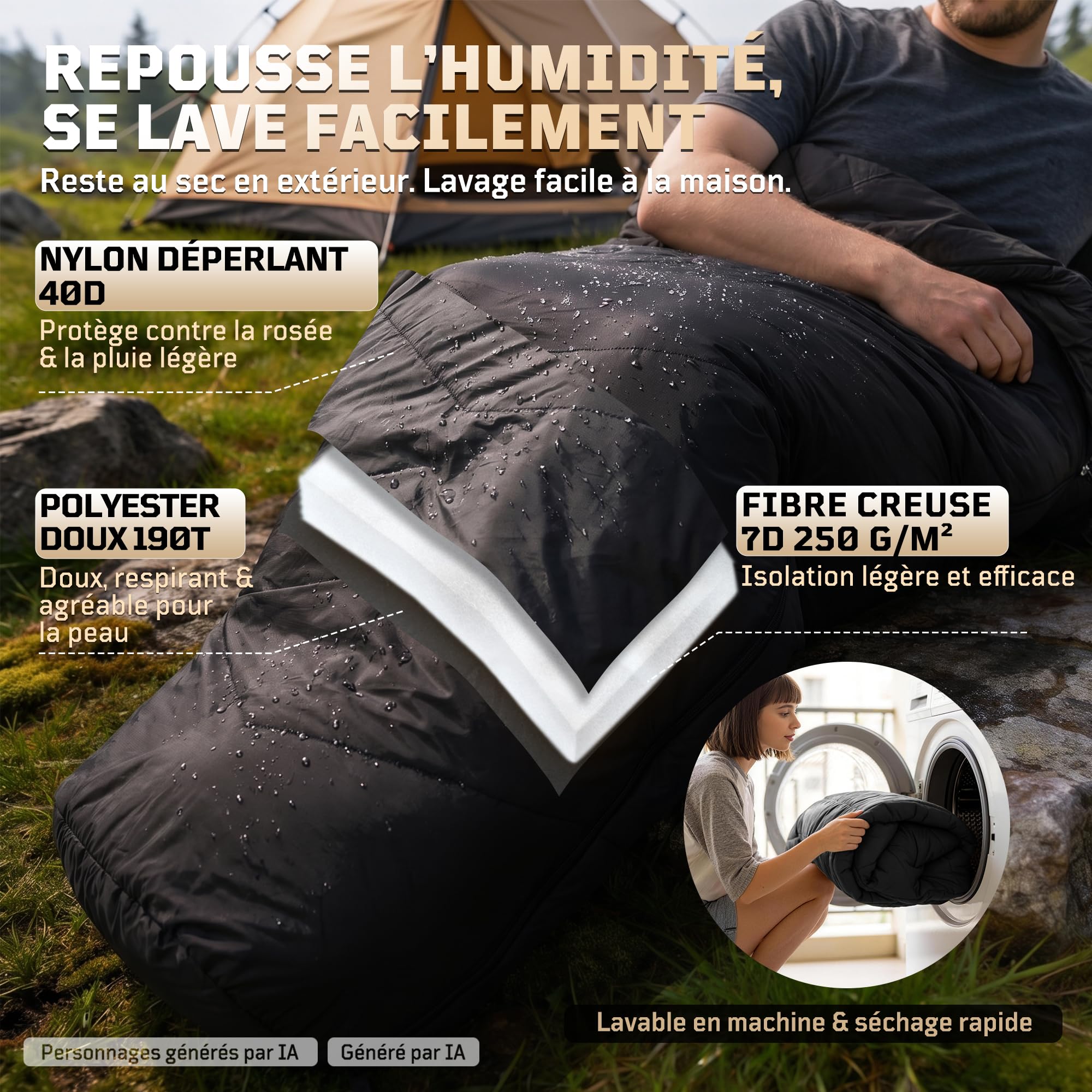 Sac de couchage sarcophage 2-3 saisons (confort 6 °C) – Sac de couchage d'été respirant pour adultes jusqu'à 185 cm – Nylon Ripstop compact 40D avec sac de compression pour camping, randonnée et