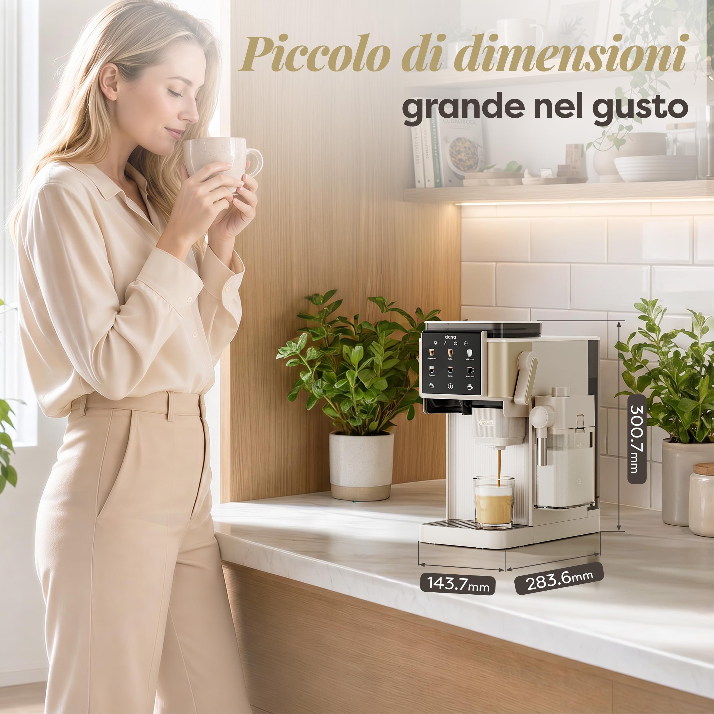 CIARRA CBSACM-D6 Macchina Caffè Espresso 15Bar con Macinacaffè e Montalatte | 1400W, Montalatte per Cappuccino e Latte, Caffè in Grani, Compatta, Decalcificazione Semiautomatica