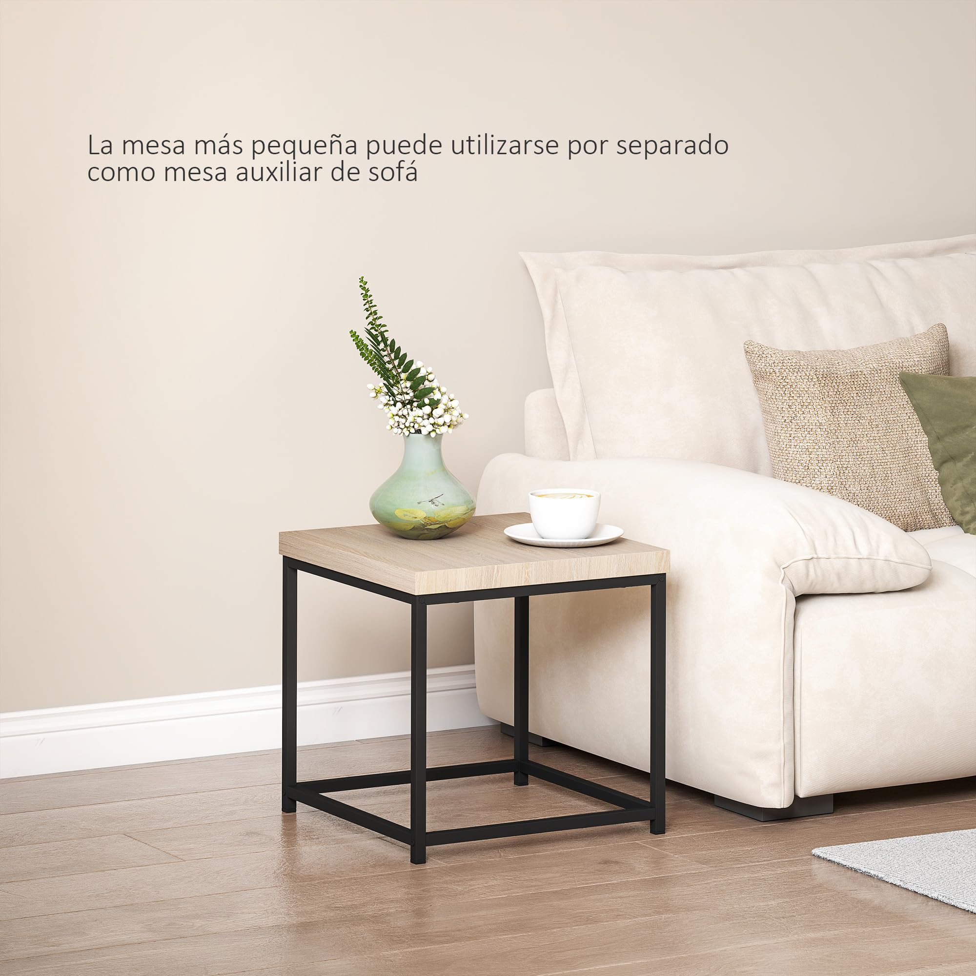 HOMCOM Juego de 2 Mesas de Centro, Mesa Nido Moderna, Mesitas Auxiliares, Patas de Acero, para Salón, Dormitorio, Oficina, Roble