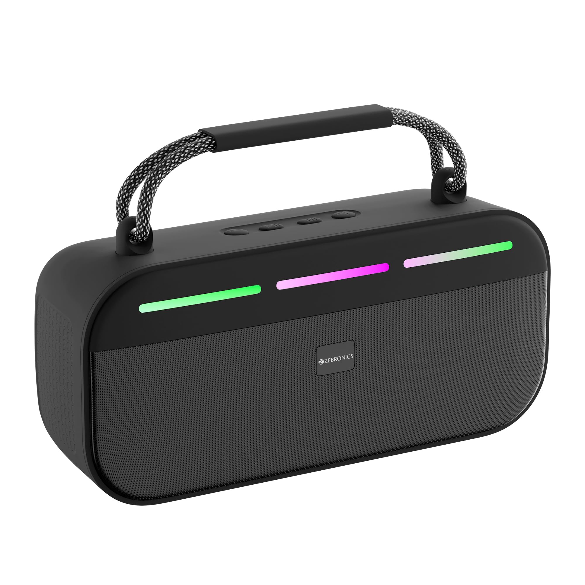Zebronics Sound Feast 45 Portable Bluetooth Speaker, 20W RMS, Up to 5h Playback, 6.6cm Driver, Deep Bass, 4 RGB Modes, BT v5.4, USB, mSD, FM Radio, TWS, Type-C Charging, Carry Handle (Black)-image-8