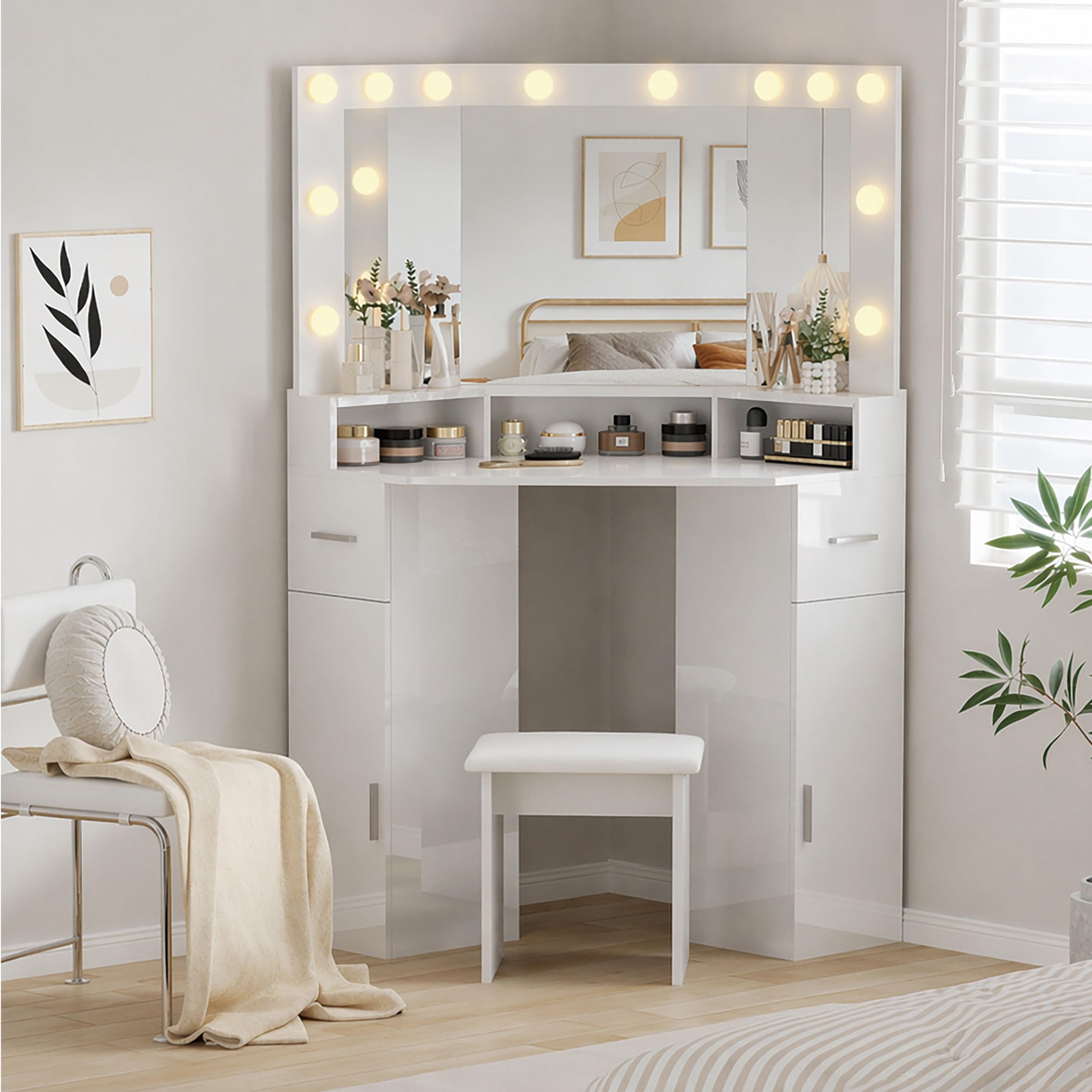 LSBIKE Corner Dressing Table with LED lights,Vanity Table with 2 Drawers and Stool, Makeup Desk with 3-Panel Mirror and Storage, Adjustable 3Colors and Brightness Vanities Desk for Bedroom (NEW White)