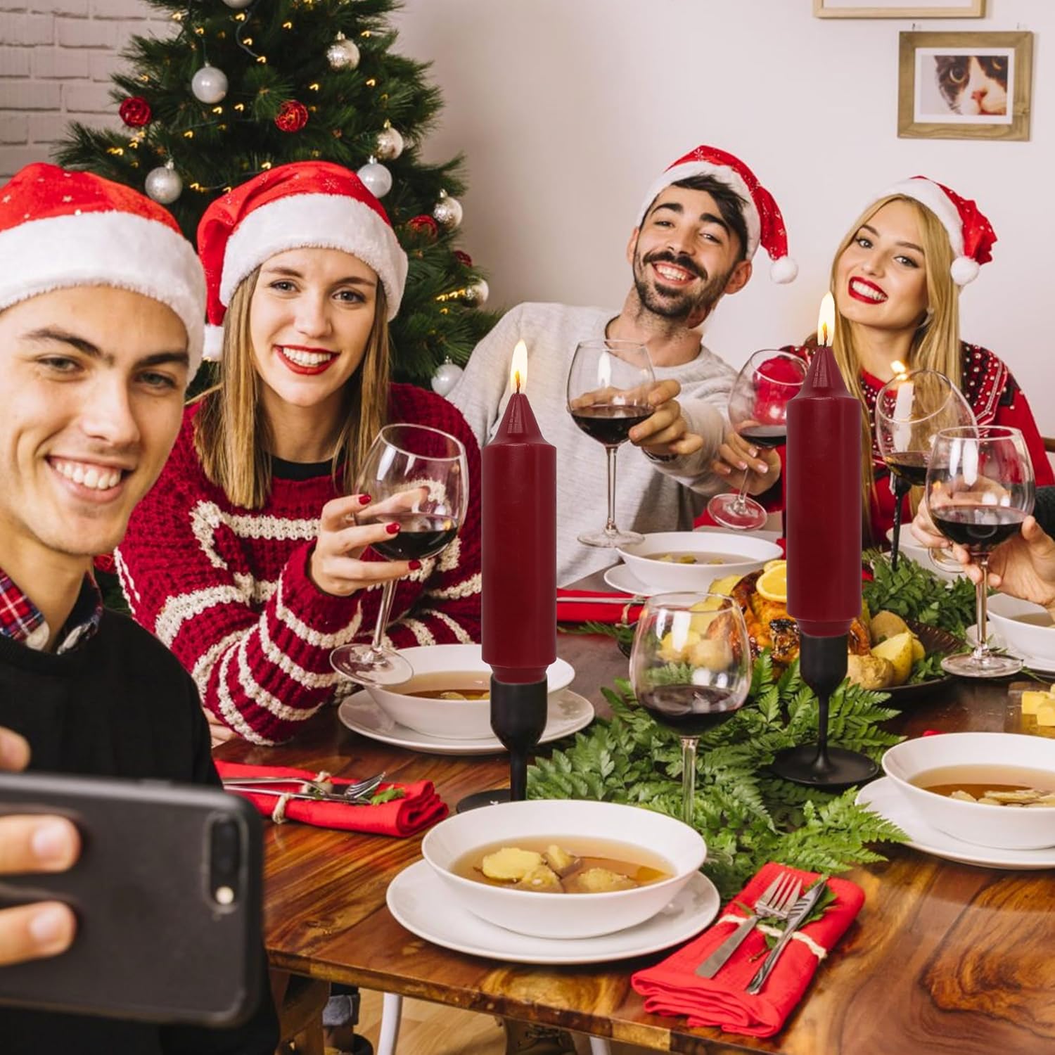 NJAO HOO 5 Inch Olive Green Short Taper Candle, Red Candlesticks Unscented Dripless Tapered Candle Set for Home Dinner Fall Decor Thanksgiving Party 8 Pack