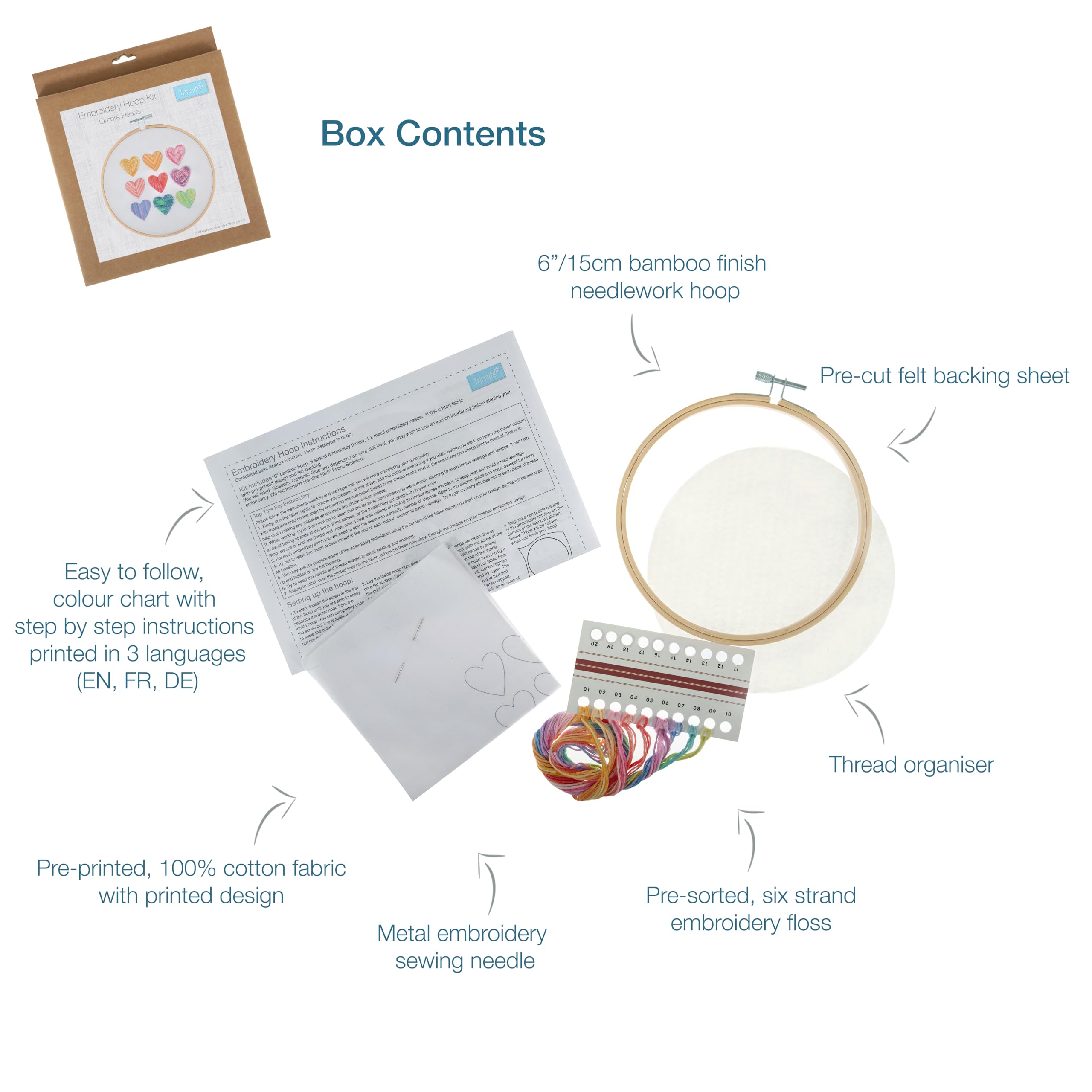 Trimits Embroidery Hoop Kits, 15cm 6” Beginner Starter Set, Includes Bamboo Hoop Threads Cloth Needle Backing & Instructions - Image 2