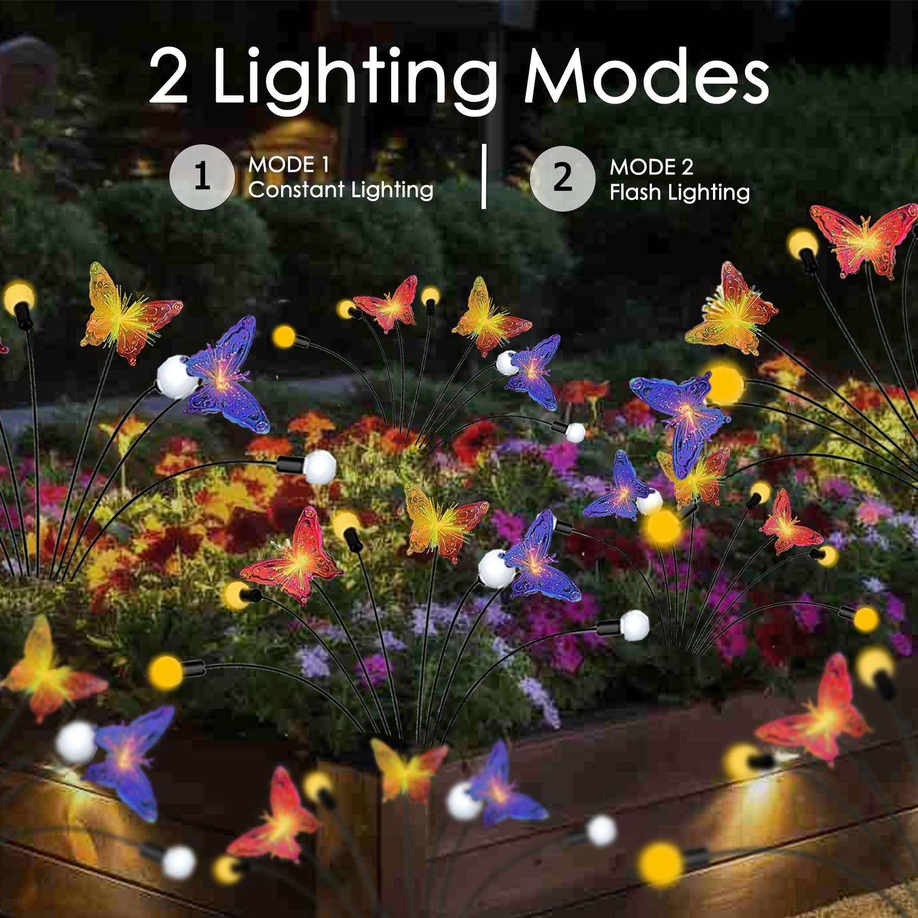 Solar-Lichter mit Glühwürmchen-Motiv, bunte Schmetterlings-Gartenlichter, 2 Stück, wasserdichte Außenleuchten für Wege, Landschaft, Camping, Hof, Rasen-Dekoration