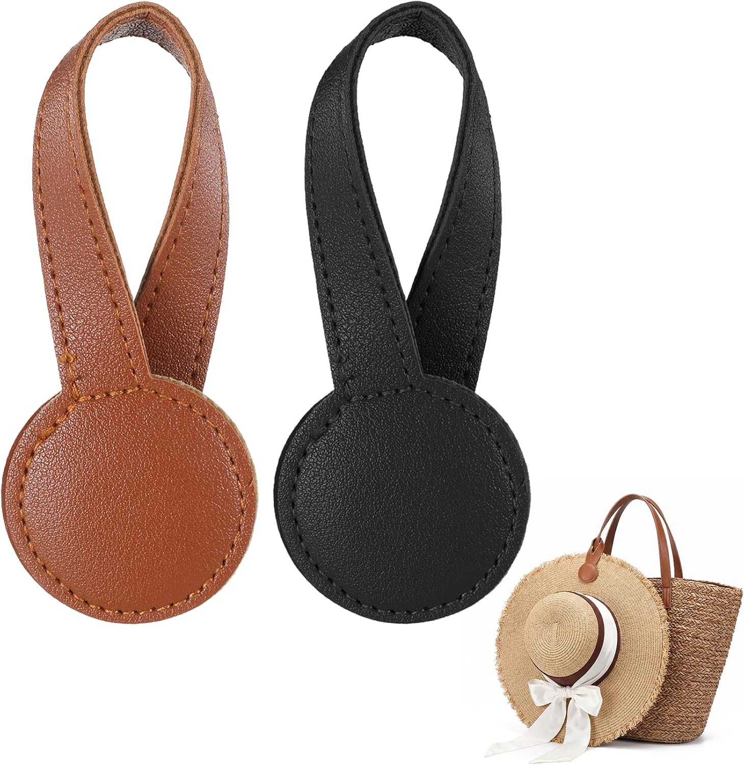 2 Pack Travel Hat Clip, Hat Magnet Clip for Travel for Purses, Backpacks, Tote Bags, Luggage, Beach Accessories, and Vacation Essentials - Black &Brown, Leather