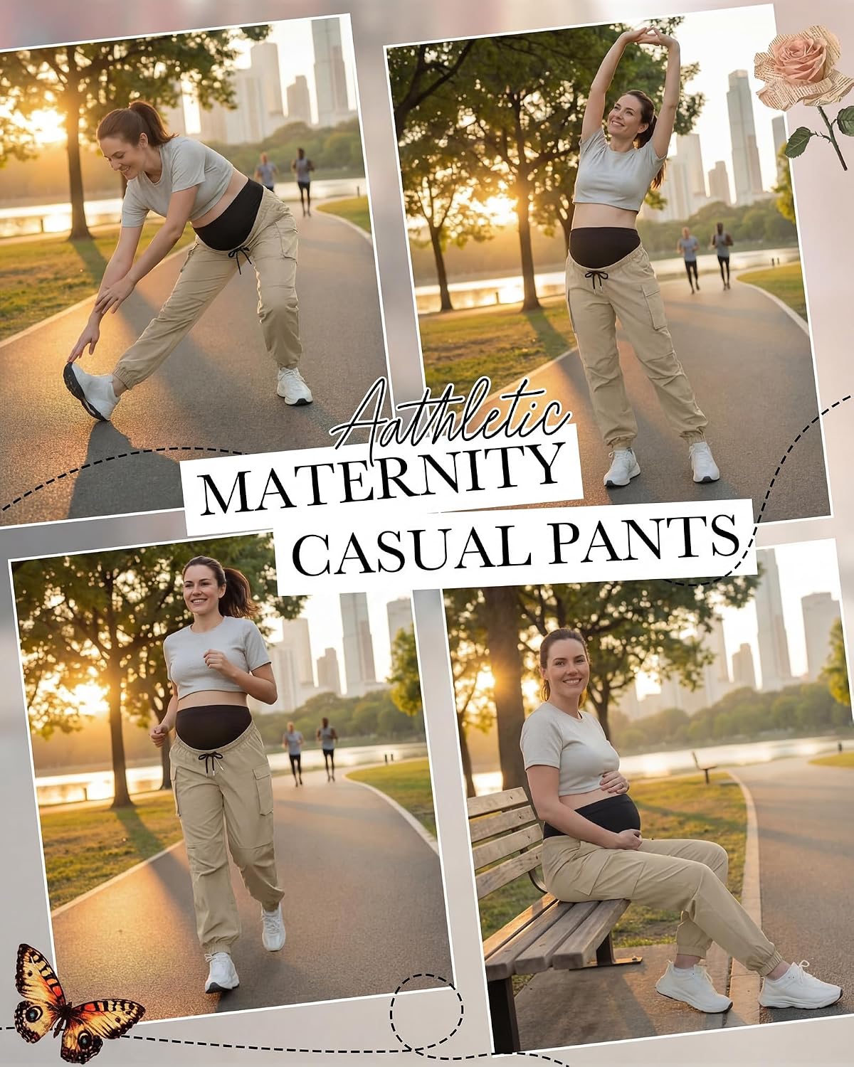 Cutecrop Womens Maternity Cargo Joggers Over The Belly Pregnancy Sweatpants Quick-Dry Causal Stretch Scrub Pants with Pockets