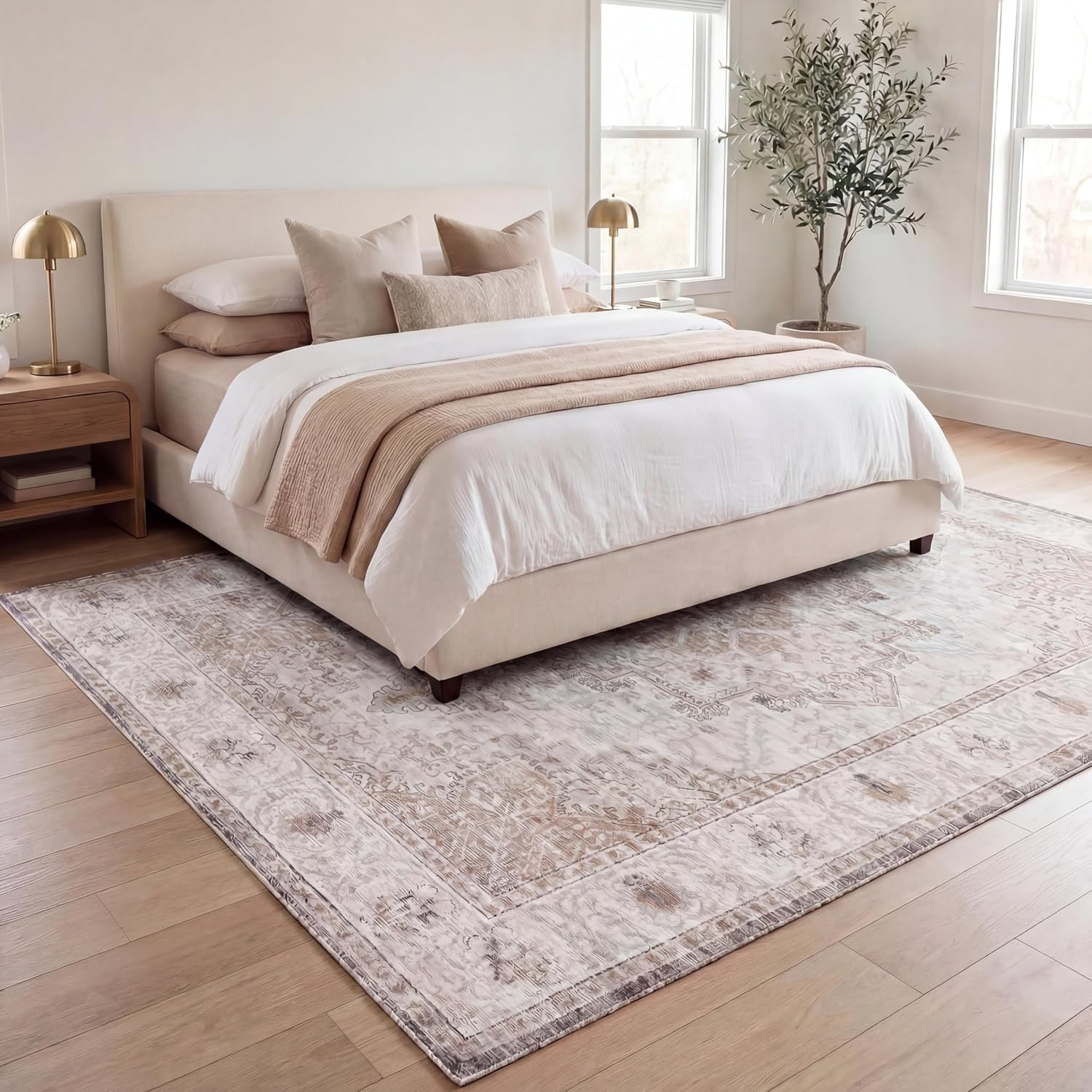 JONATHAN Y Ultra-Soft Machine-Washable Rug with Non-Skid Backing, Cream/Beige 5'x8' Eleanor Vintage Medallion Border, Non-Shedding, Velvet Luxury Feel for Living Room, Dining Room, Bedroom VOR100F-5