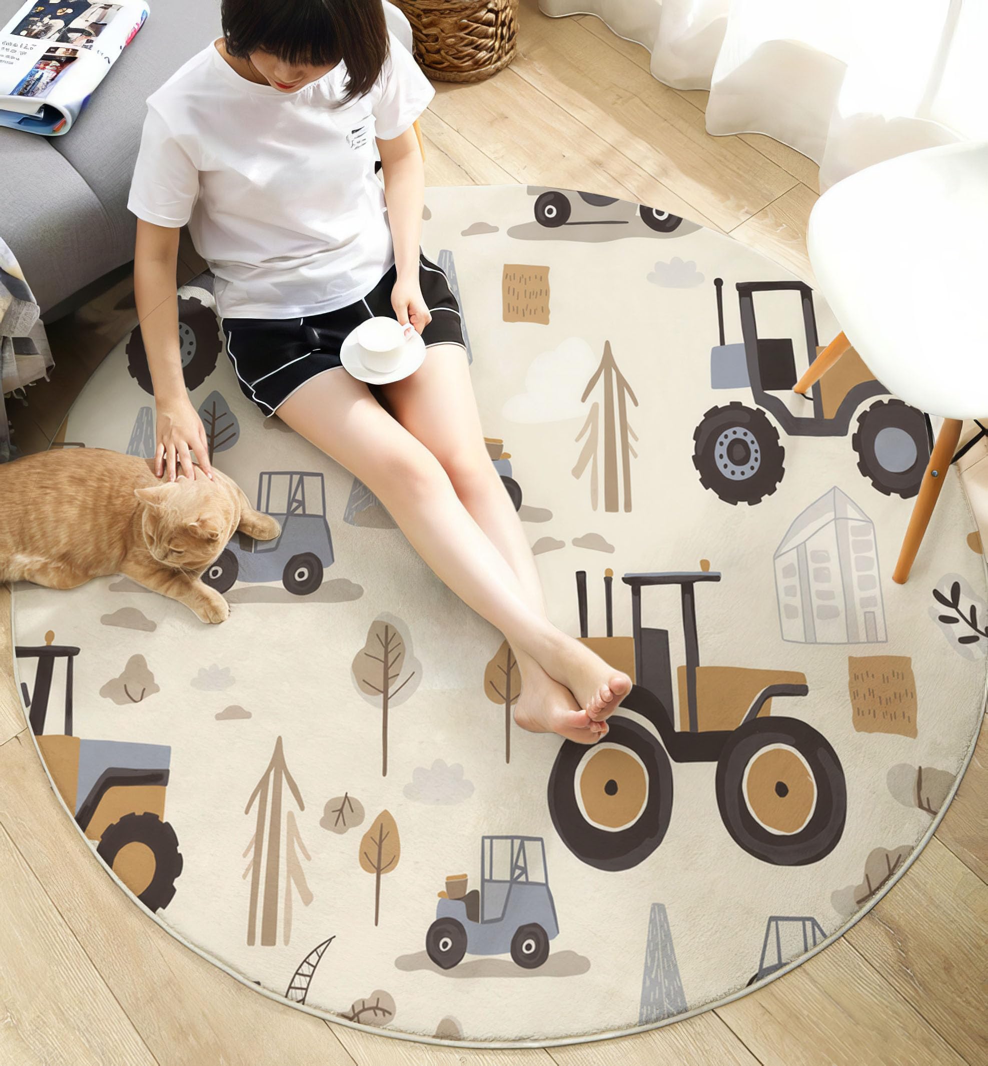 Tappeto Rotondo Stile Di Illustrazione Per Bambini, Tappeto Stampa Veicoli Da Costruzione Forestali Flanella Morbido, Tappeti Marrone Salotto Antiscivolo Lavabile, per Camera Bambini Cameretta 150cm