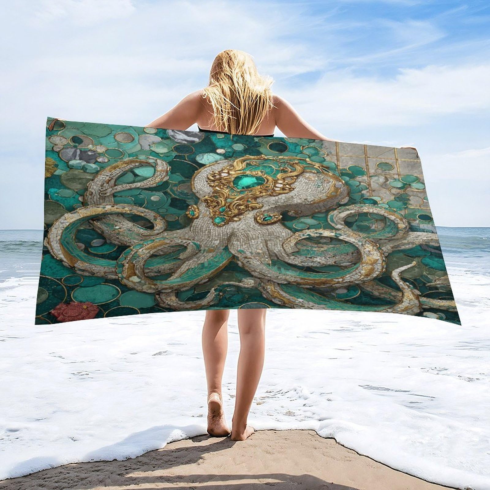 Luyysky Retro Classic Animal Octopus Quick-Drying Beach Towel, Rustic Oil Painting Ocean Octopus Blue Gold Marble Texture Travel Vacation Single Sided Pile Bathroom Towels-80 W Cm X 160" L Cm