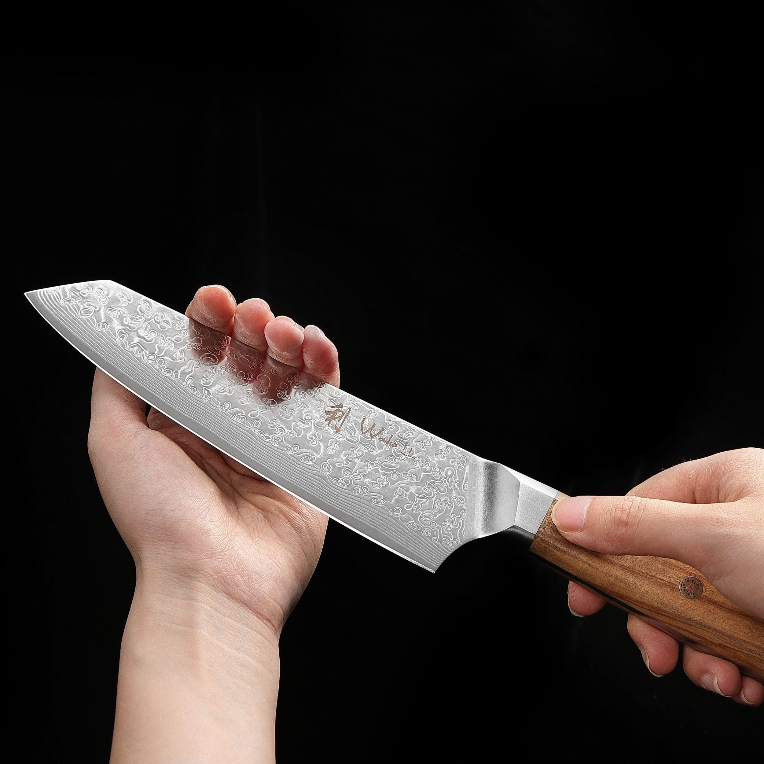 Wakoli Oribu Kiritsuke Messer mit 18 cm Klinge, scharfes Damast Kochmesser aus 67 Lagen mit VG 10 Kern, Full Tang Küchenmesser mit Griff aus Olivenholz in Geschenkbox für präzise Schnitte