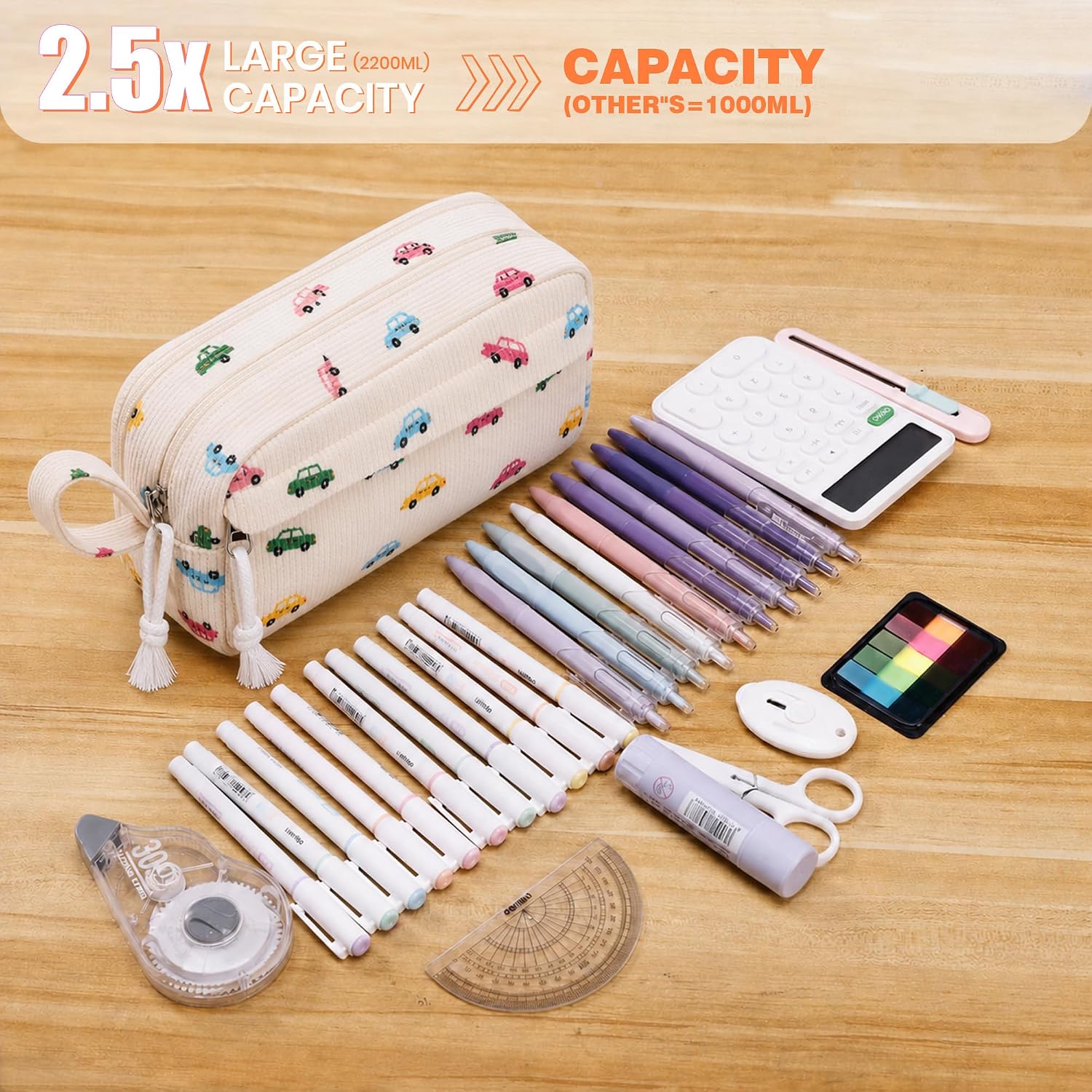 Big Capacity Pencil case,Soft Corduroy Pencil Bag with 3 Compartment,Pencil Pouch School Supplies Cute Pencil Box Pencil Bag for Teen Girls Boys College (Colorful Car) image 3
