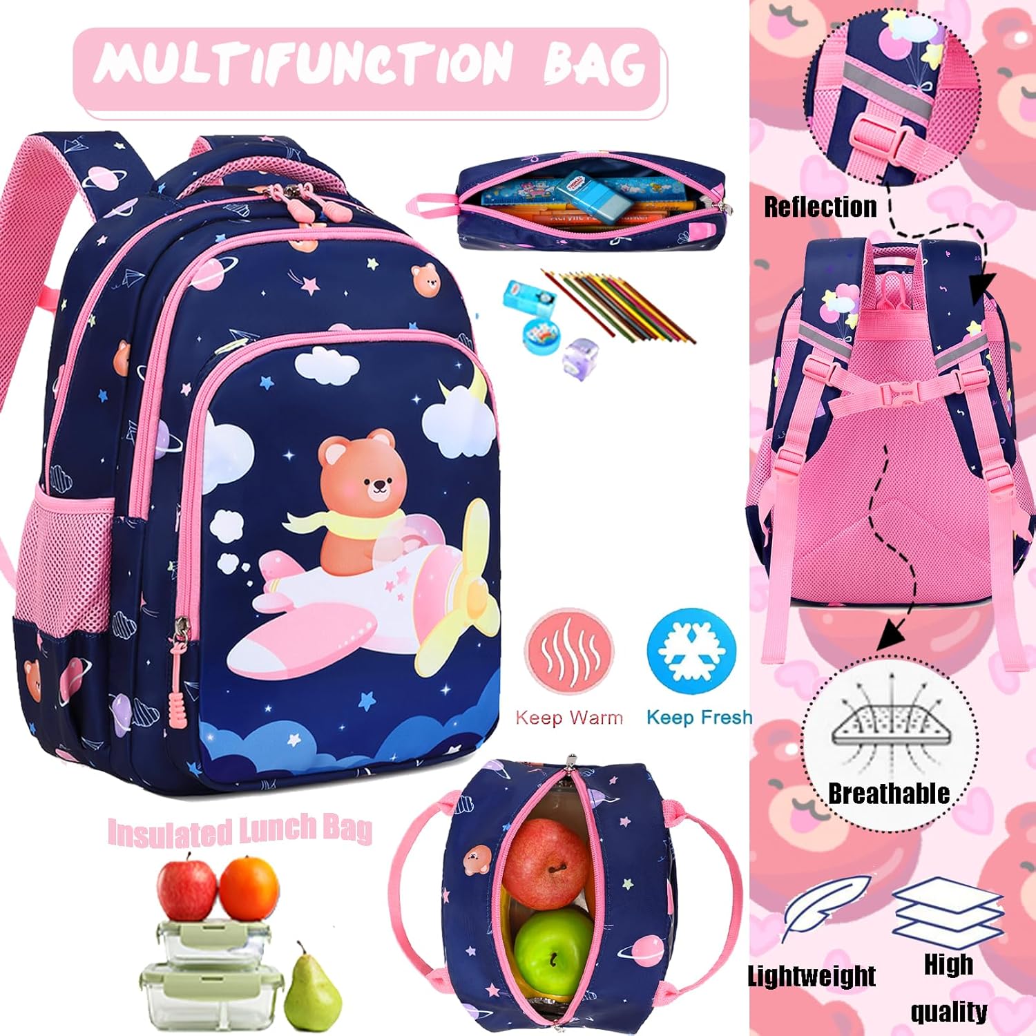 Jumpopack Kids Backpack for School Cute Bear Backpacks for Girls School Backpacks for Elementary Girls Backpack with Lunch Box Lightweight Water Resistance Kindergarten Preschool Bag Bookbag - Image 5