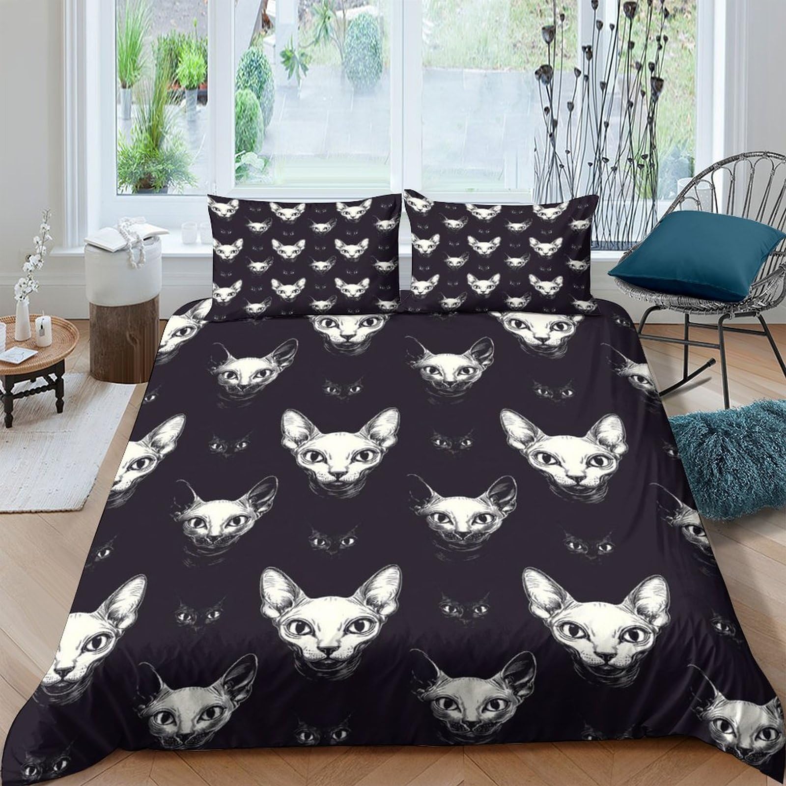XFKLYNVCJ 3D Printed Sphynx Cat Faces Bed Cover Breathable Fabric Black And White Bedding Cover Wrinkle Resistant Machine Washable for Housewarming Gift New Home Use Single（135x200cm）