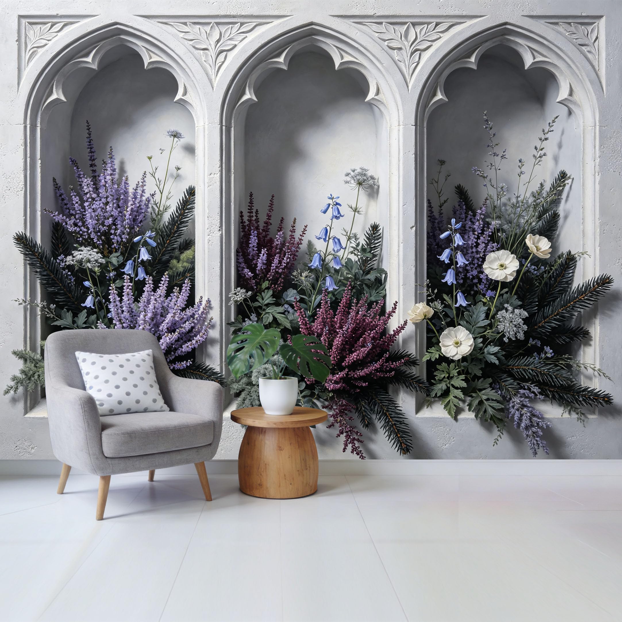 Custom Size Wall Mural Gothic Arch Botanical Floral Arrangement Textured 3D Effect Removable Self Adhesive Fabric Home Wall Decor for Living Room Bedroom Bathroom