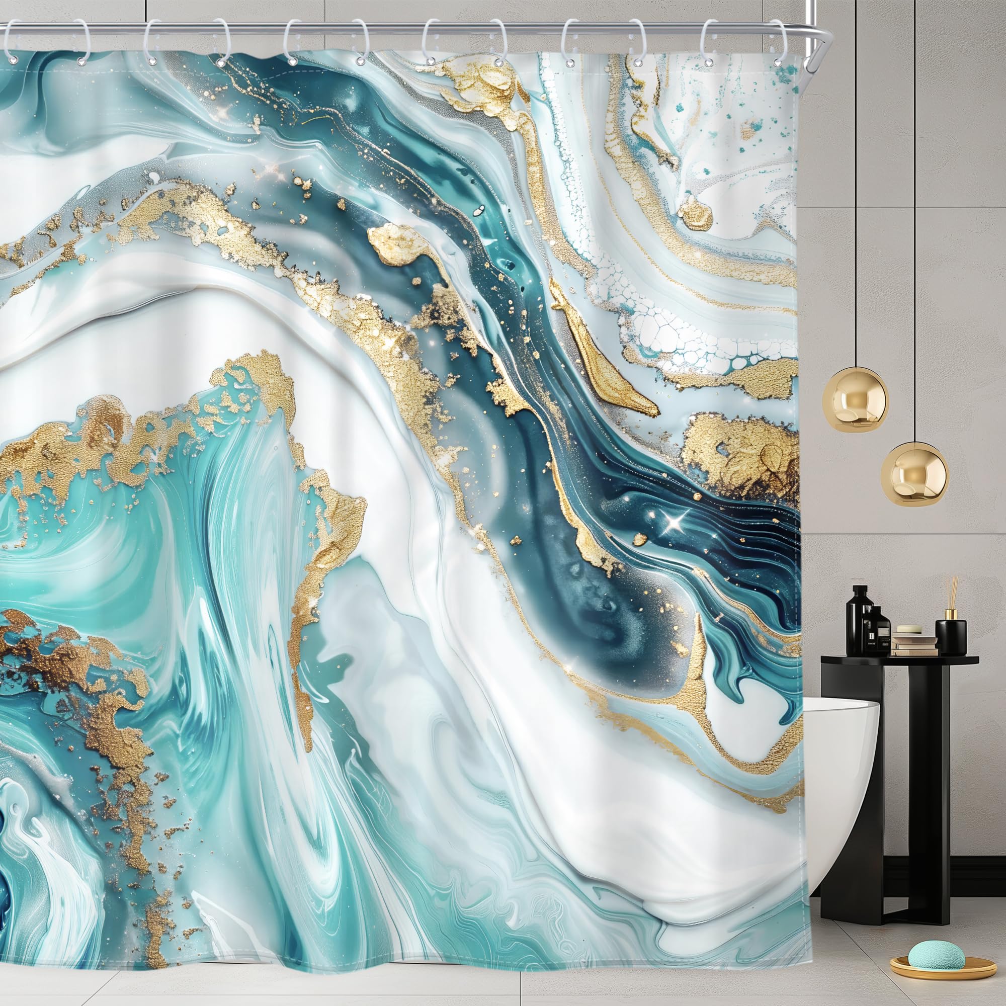Newsely Teal Marble Shower Curtain 60Wx72L Inch Turquoise Fluid Gold Aqua Modern Abstract Luxury Cracked Veins Lines Texture Bathroom Set Liquid Waterproof Bath Decoration Accessories Home Decor