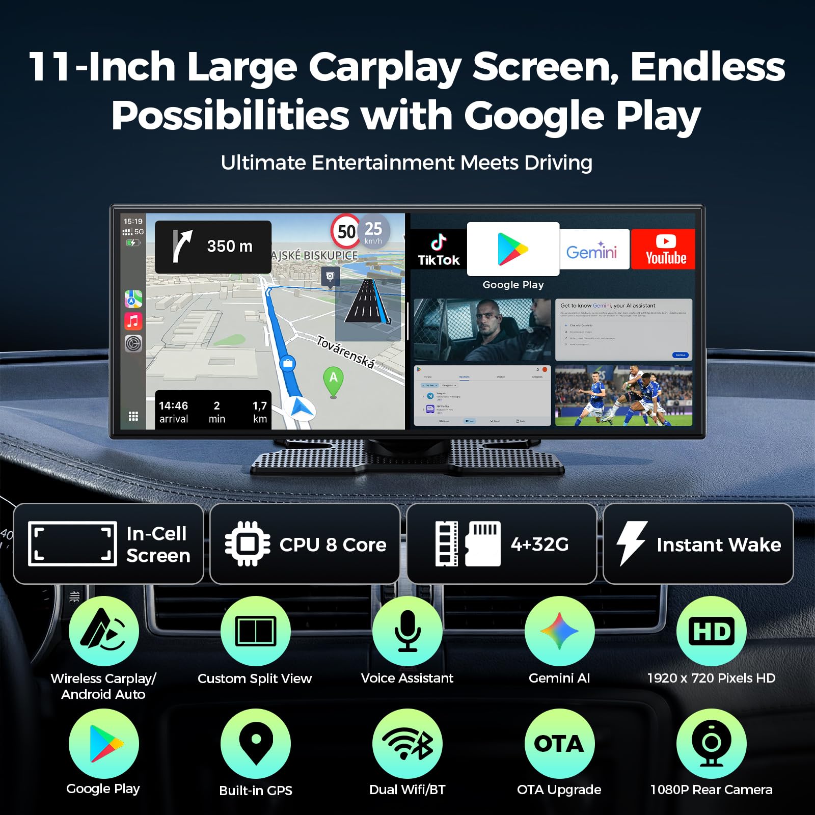 LAMTTO 11″ Pantalla CarPlay Coche Android 15 con Google-Play y Gemini AI | CarPlay/Android Auto Inalámbrico Portátil Autoradio, 4GB+32GB 8 Núcleos, GPS Online/Offline, Cámara 1080P, AirPlay/FM/OTA