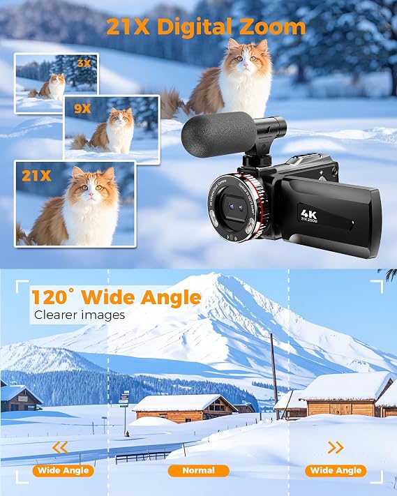 4K Camcorder Video Camera, 48MP Dual Lens Camera with 60° & 120° FOV, Microphone, 21X Digital Zoom, Rotatable Screen, Remote Control, 2 Batteries and 64GB Card