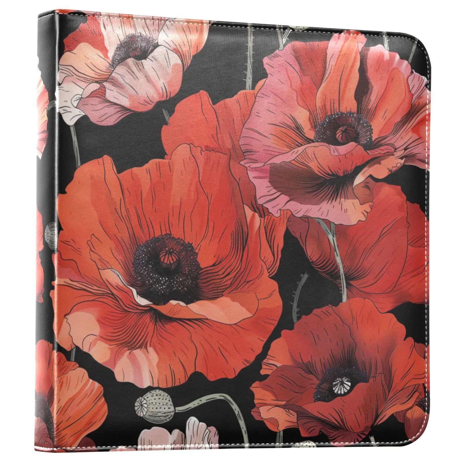 JIPONI Poppy Flower Pattern Large Photo Album, DIY Leather Cover Scrapbook Albums for 4x6 5x7 6x8 Pictures, Self Adhesive Memory Book for Wedding, Baby, Family