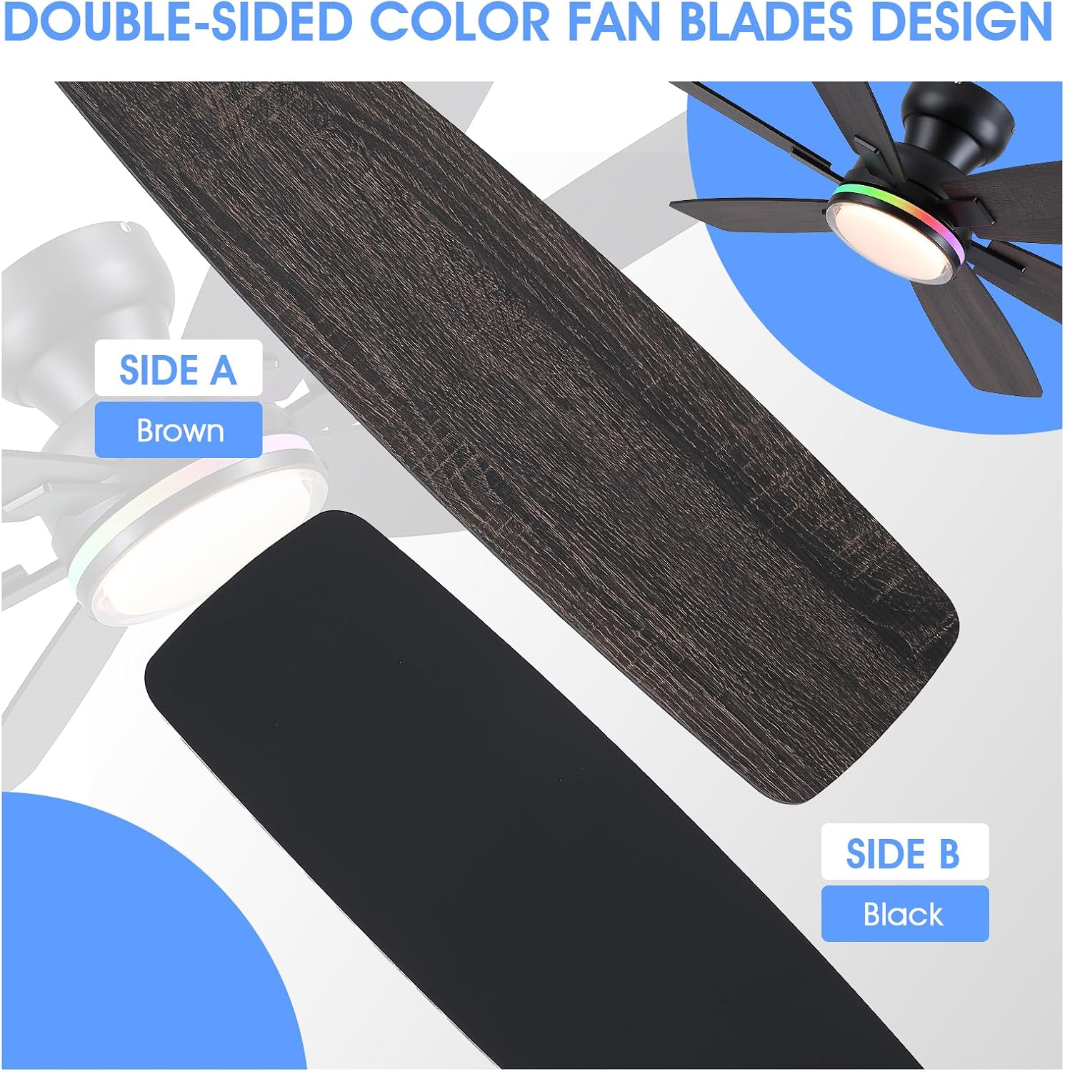 Double-sided fan blades with black and brown finishes, ready for installation.