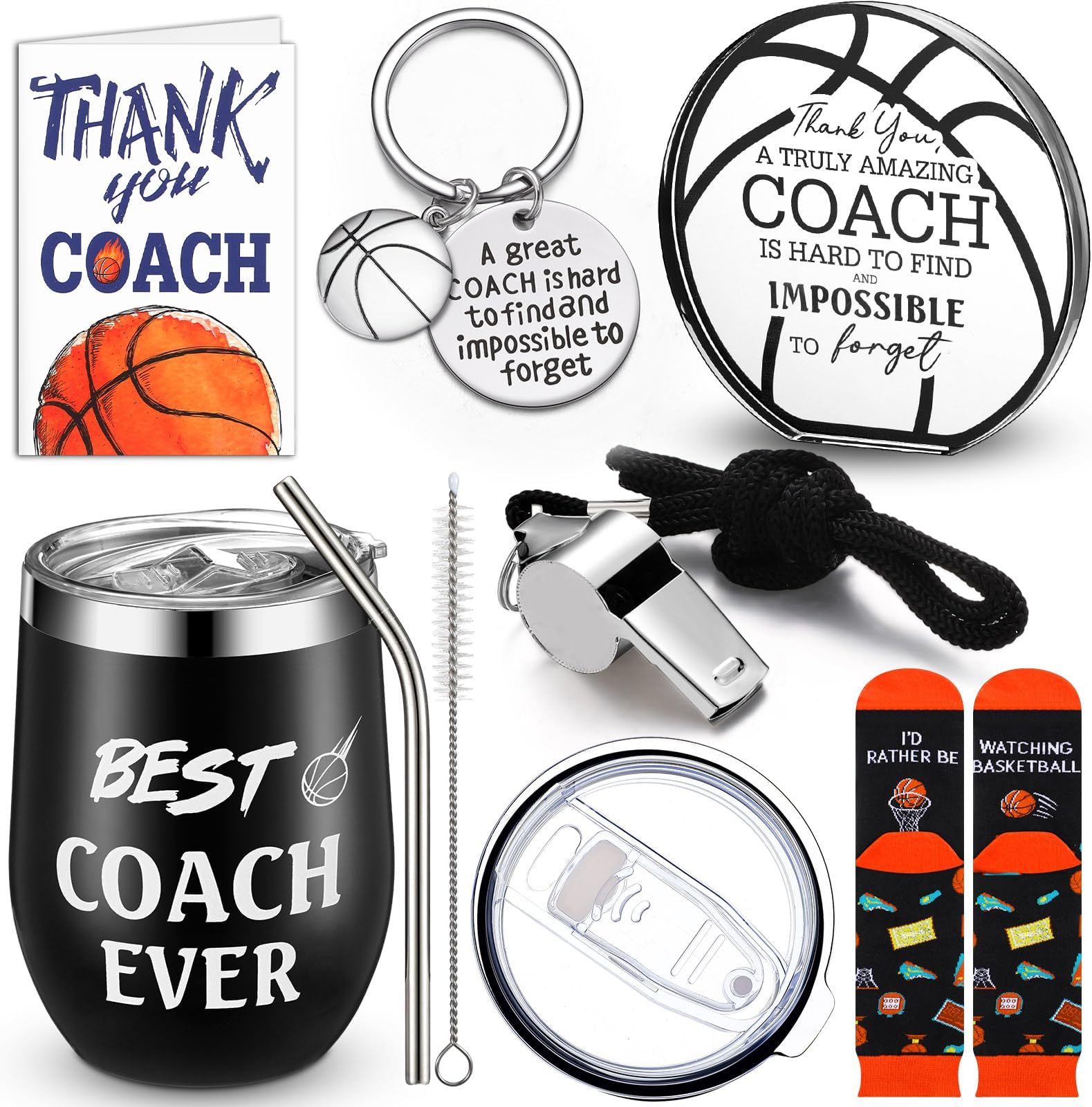 Nitial6 Pcs Basketball Coach Gifts Teacher Appreciation Gift Set for Basketball Instructor Include Best Coach Ever Tumble Whistle with Lanyard Acrylic Sign Socks Keychain Card