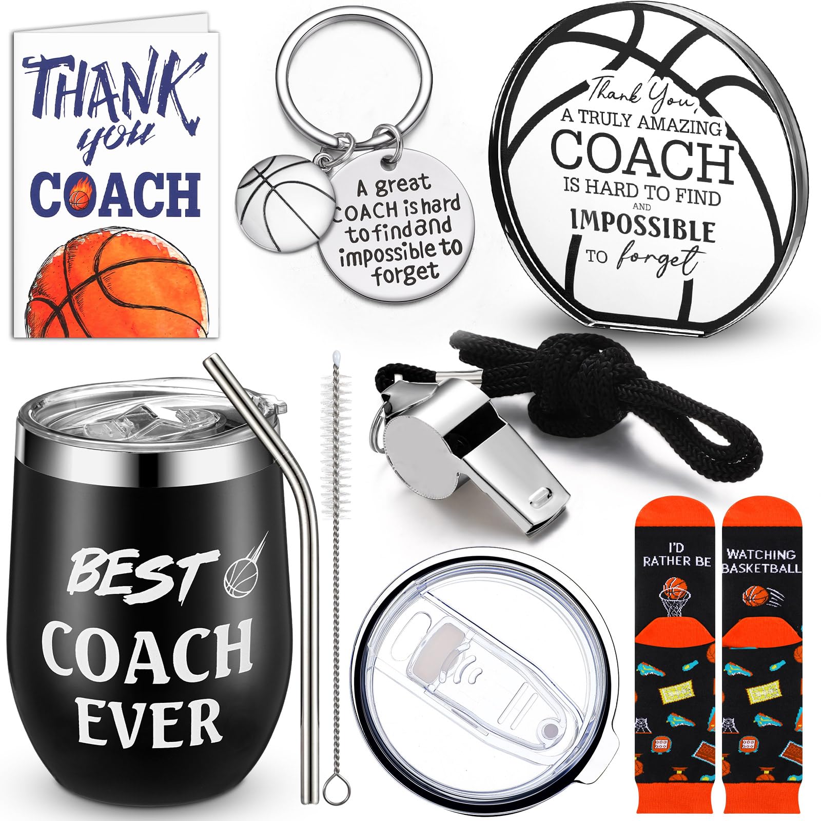 Nitial6 Pcs Basketball Coach Gifts Teacher Appreciation Gift Set for Basketball Instructor Include Best Coach Ever Tumble Whistle with Lanyard Acrylic Sign Socks Keychain Card