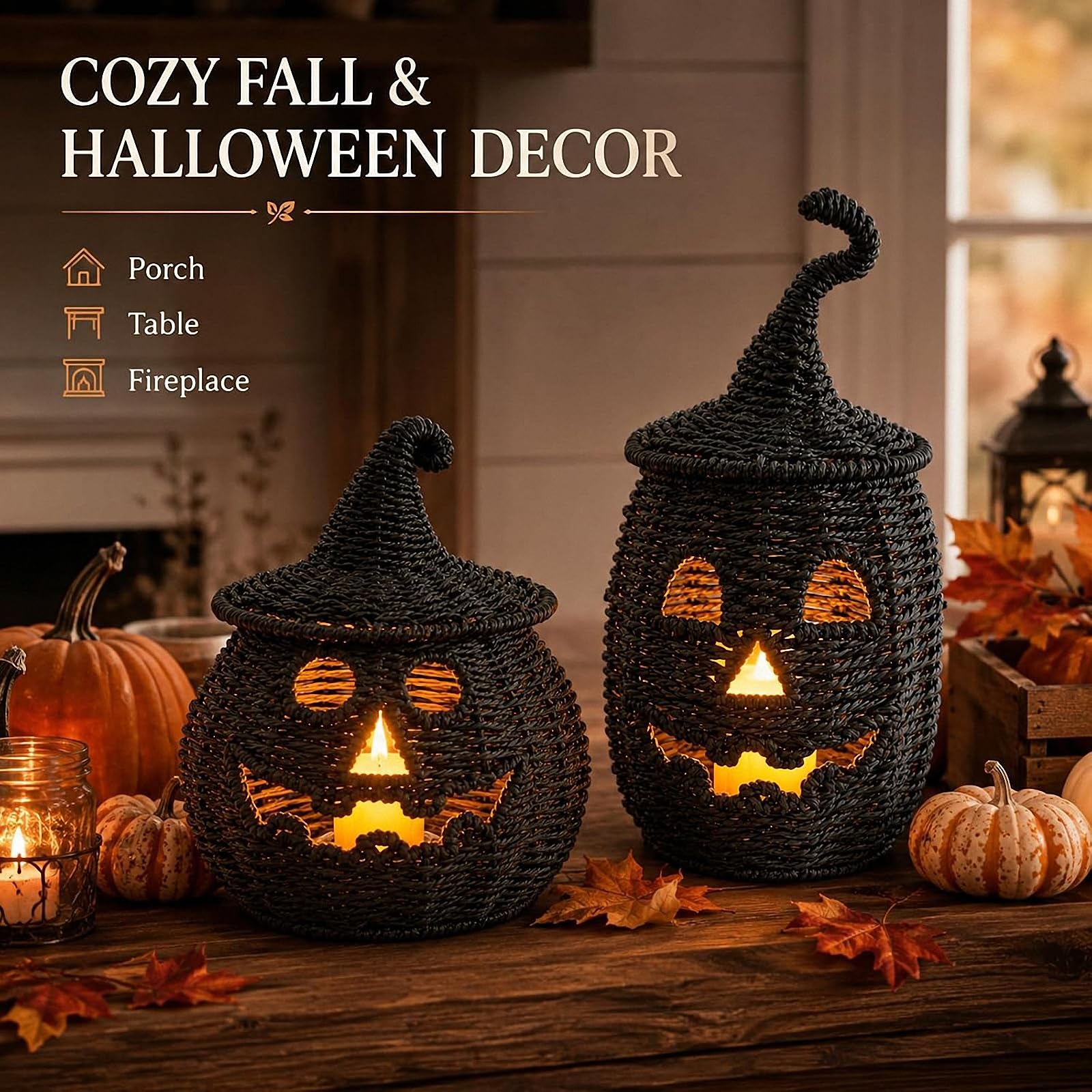 Linterna de calabaza de mimbre para Halloween, decoración tejida a mano, l