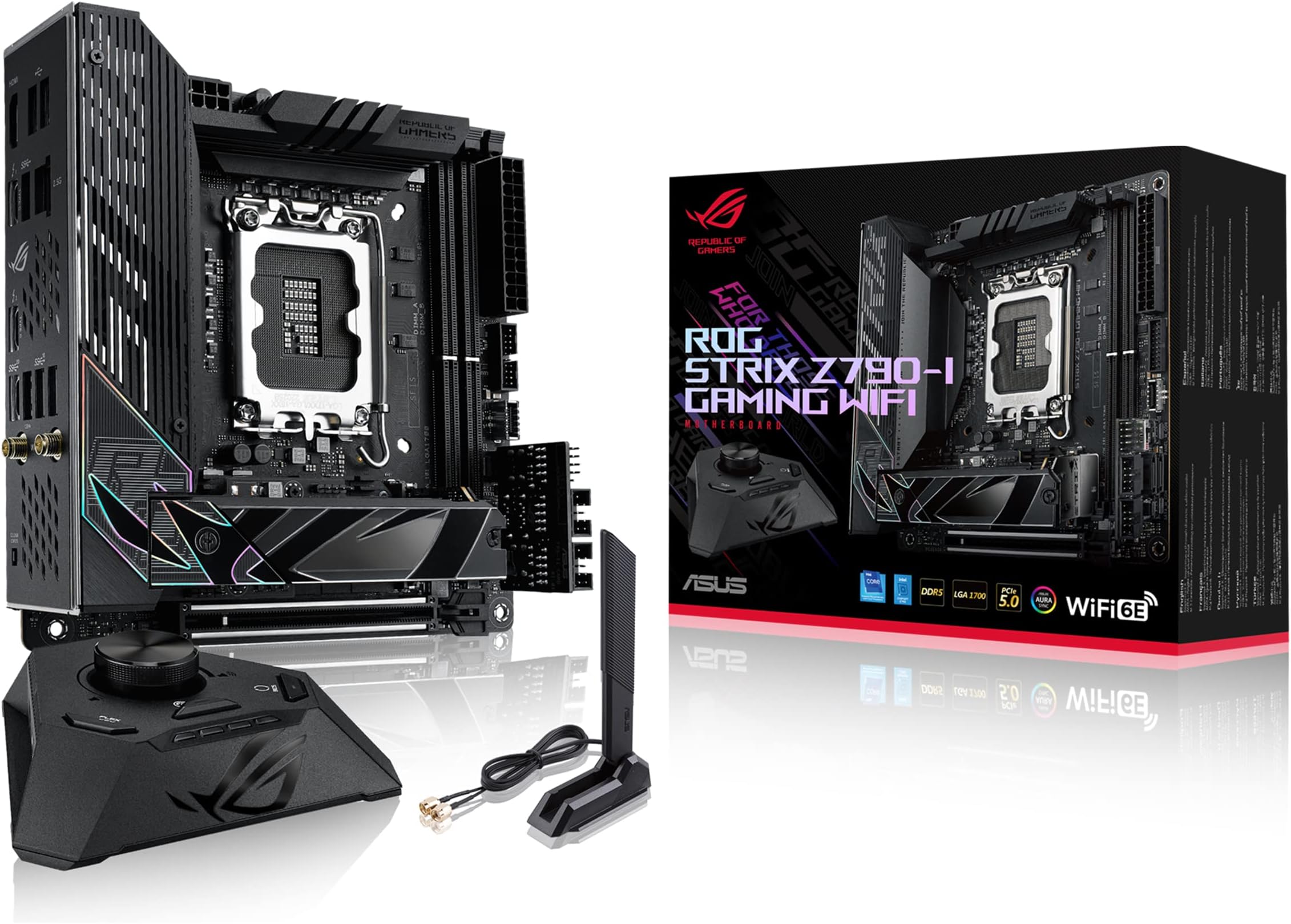 ROG Strix Z790-I Gaming WiFi Intel® Z790 LGA 1700 Mini-ITX motherboard, 10 + 1 power stages, DDR5, two M.2 slots, PCIe® 5.0, WiFi 6E, Thunderbolt™ 4, and USB 3.2 Gen 2x2 Type-C®