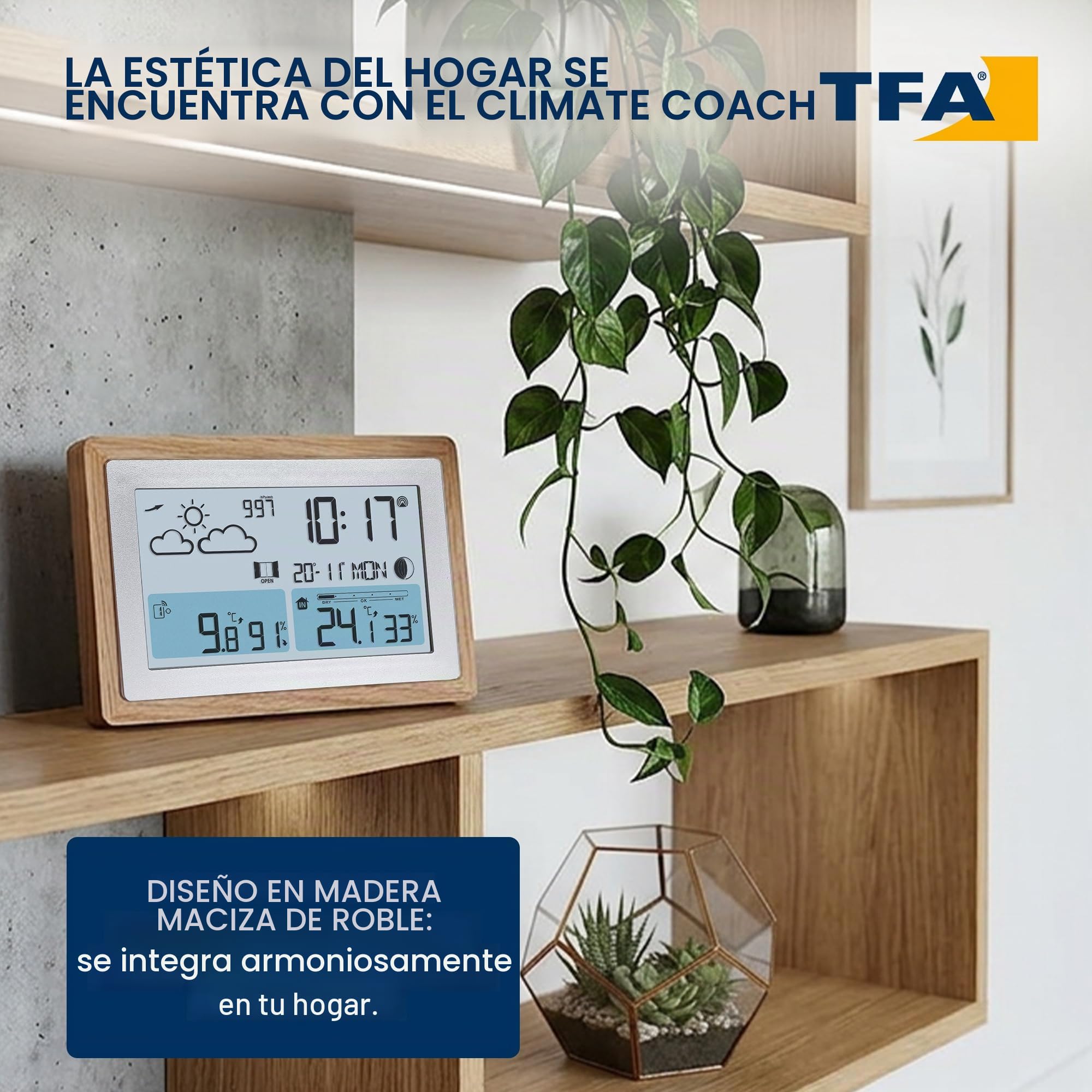 TFA Dostmann Oak 35.1167.54 - Estación meteorológica inalámbrica con sensor exterior y marco de madera, temperatura interior y exterior, ventilación recomendada, intensidad variable, reloj despertador