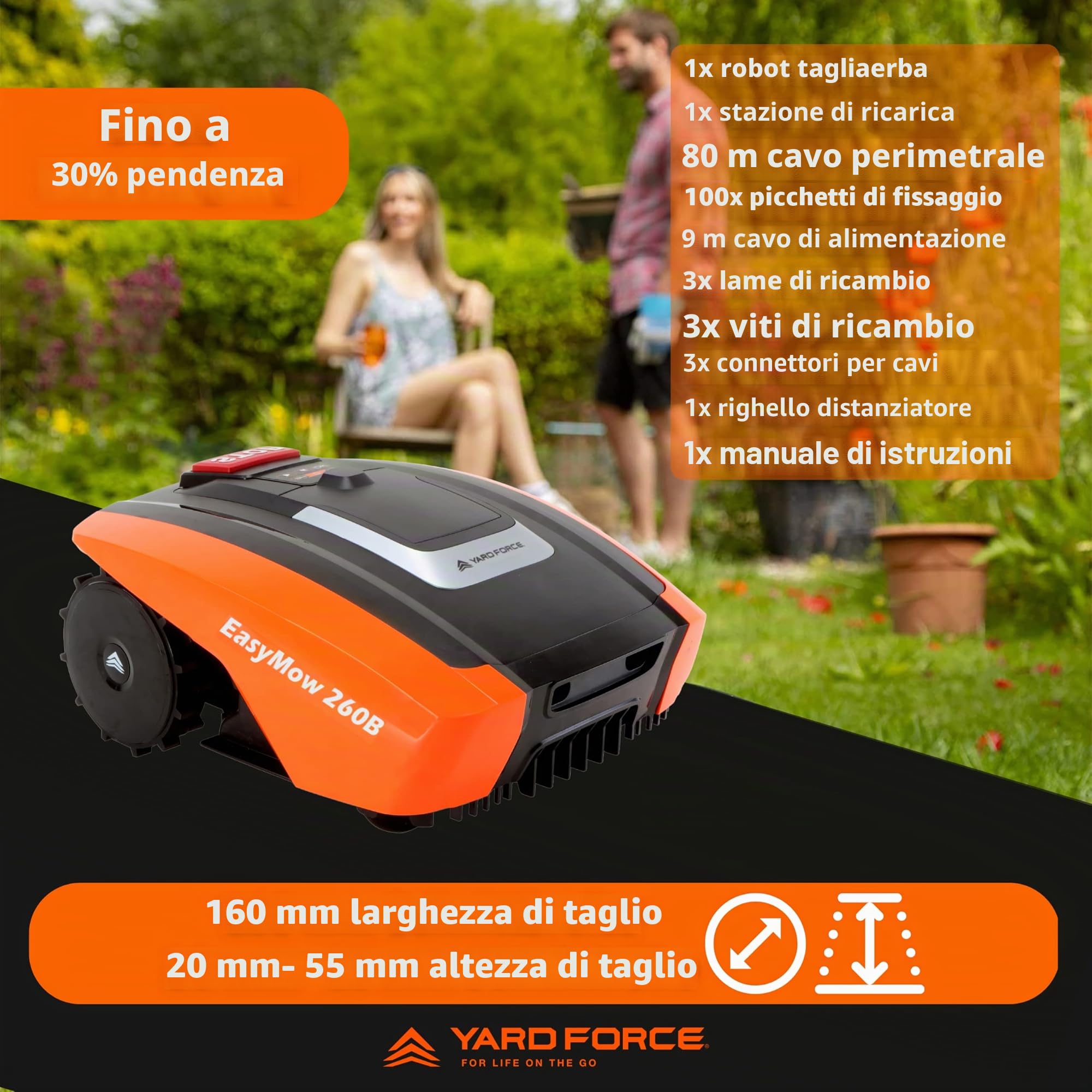 YARD FORCE EasyMow 260B Robot tosaerba fino a 260 mq, robot tosaerba a guida autonoma, facile da usare, controllo Bluetooth e app, fino a pendenze 30%, batteria agli ioni di litio da 20 V/2,0 Ah