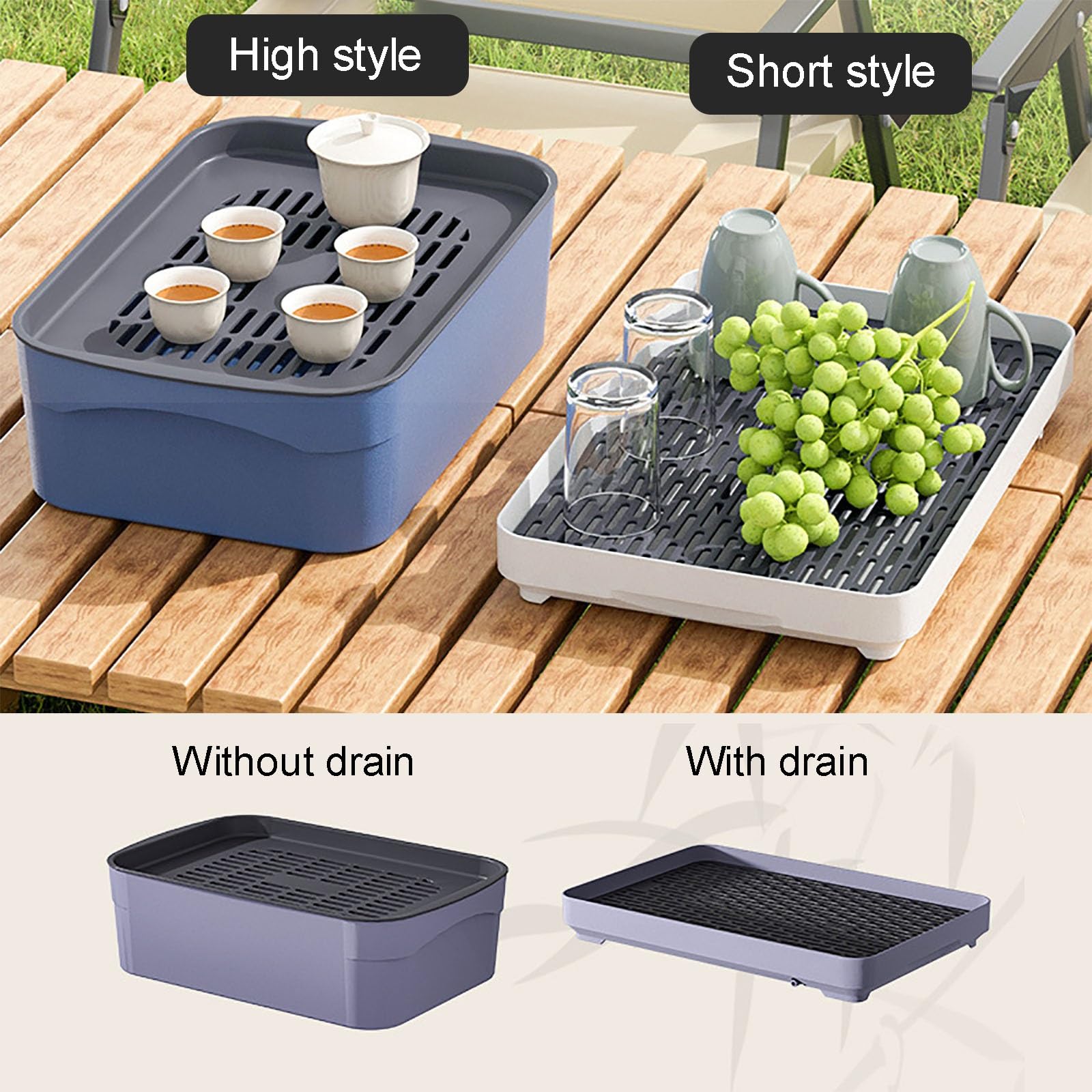 Tragbare Abtropfschale mit Ablaufgitter-Design, Kunststoff-Wasserschale für Zuhause, Büro, Reisen, Tee-Set (grau, 23,5 x 15,5 x 6,5 cm), vielseitig, leicht zu reinigen, Anti-Auslauf-Lösung