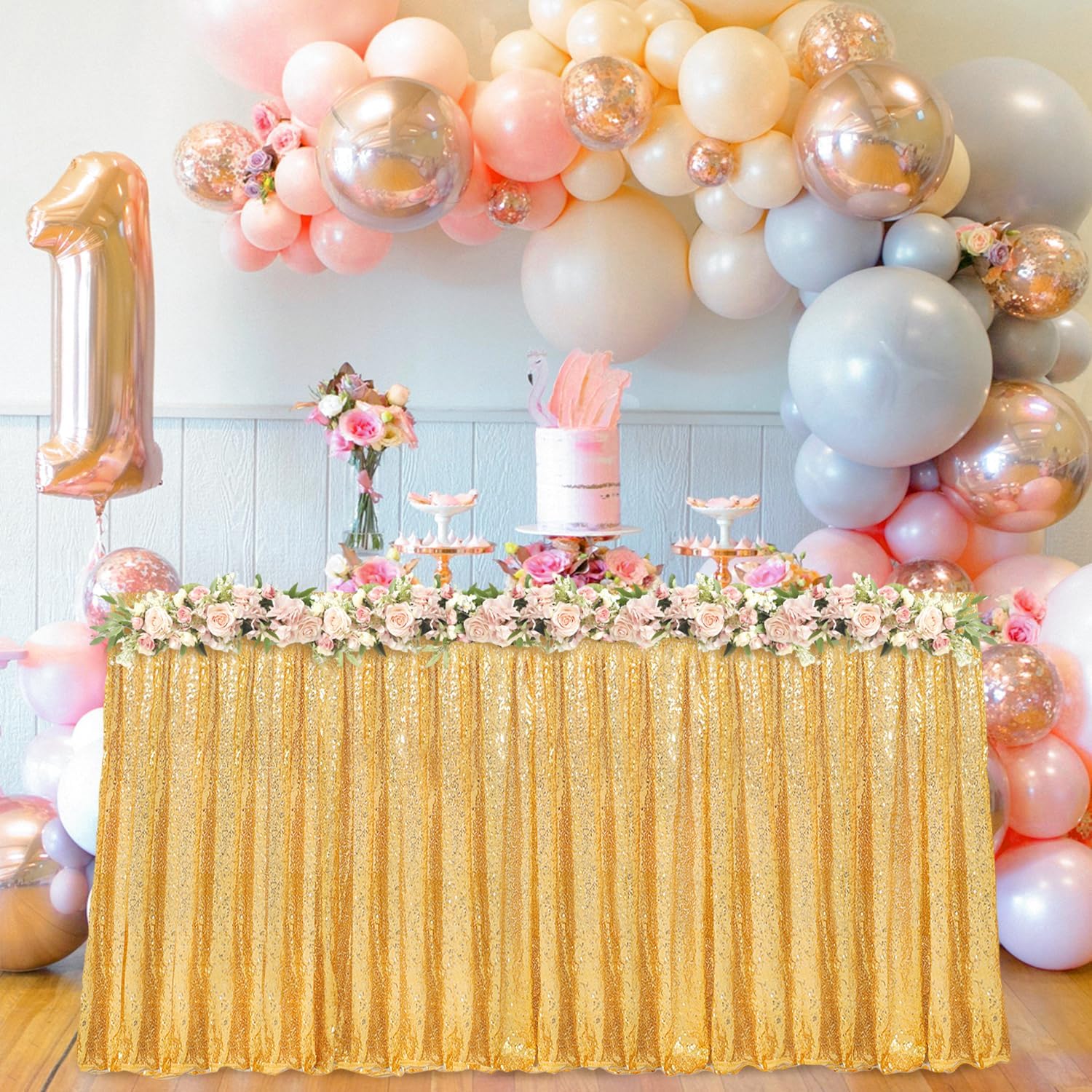 Gold Sequin Table Skirt for Rectangle Tables 14FT Long Shiny Golden Skirt for Table Glitter Table Skirting for Birthday Party Sequined Table Overlay for Wedding Banquet Party Tables Decor