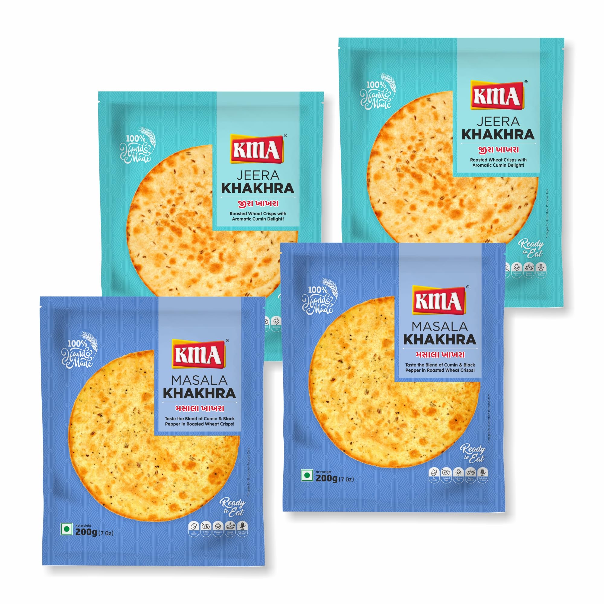 KMA Jeera Khakhra 2, Masala Khakhra 2 - Handmade Roasted Gujarati Khakhra Combo 800g (4 packs * 200g each) | Fresh Healthy Snacks without Maida , Ready to Eat Indian Whole Wheat Delight , Crispy & Nutritious with Authentic Taste , Low Calorie Diet , Anytime Jain Snack