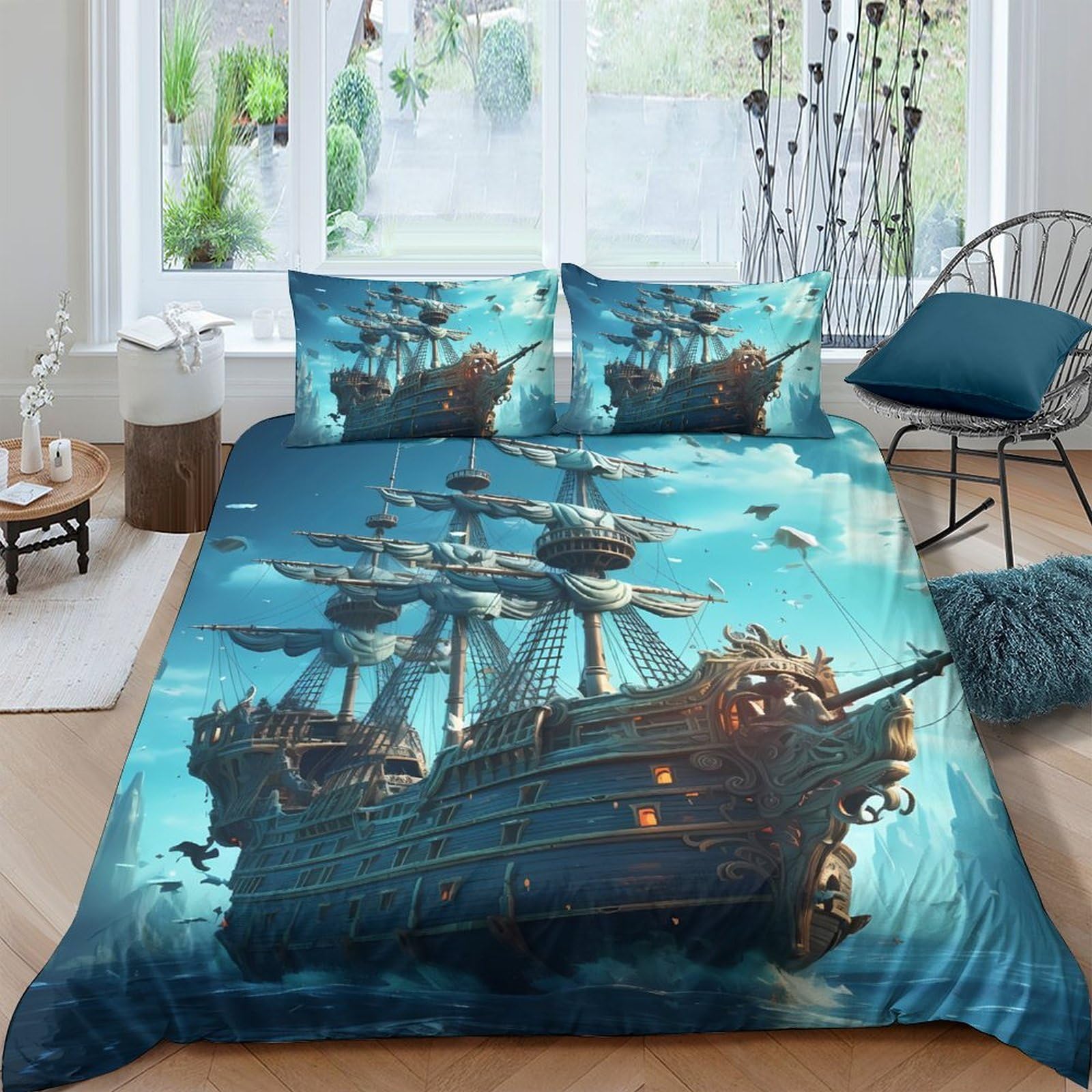 Ctjqhvkz Style-5 3D Printed Pirate Ship Ocean Fitted Sheet Microfiber Non Slip Bed Cover Bedroom Decor, Machine Washable Single（135X200cm）