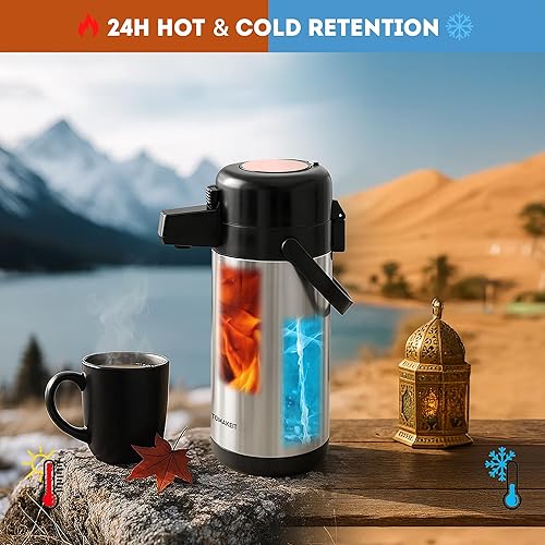 Miniatura 35 de Jarra térmica de café de 2L/68 onzas, doble pared al vacío de acero inoxidable 304, termo aislado de acero inoxidable, 24 horas mantiene el Negro