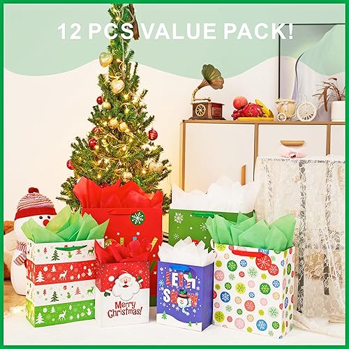 Miniatura 4 de Bobobag Paquete de 12 bolsas de regalo de Navidad con asa y papel de seda, varios tamaños y diseños para regalos de Navidad (4 grandes de 16