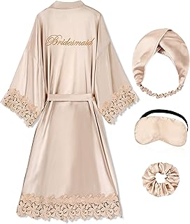 EPLAZA Bride Robe for Wedding Day Lace Trim Long Bridal Kimono Robes with Embroidery