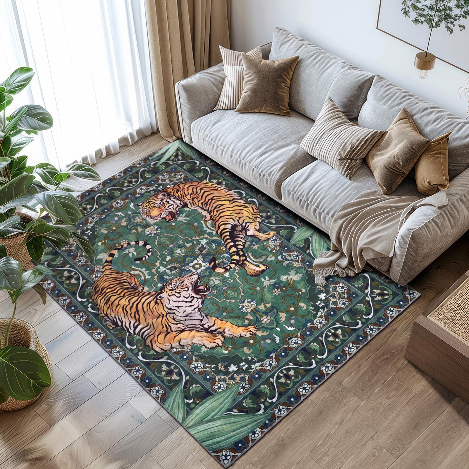 TUKDAK Washable Area Rug for Living Room 120×180cm, Green Animal Soft Bedroom Rug Non-shedding Non-slip, Boho Short Pile Tiger Floor Carpet for Kitchen Office Bathroom Kids Nursery room — image 1
