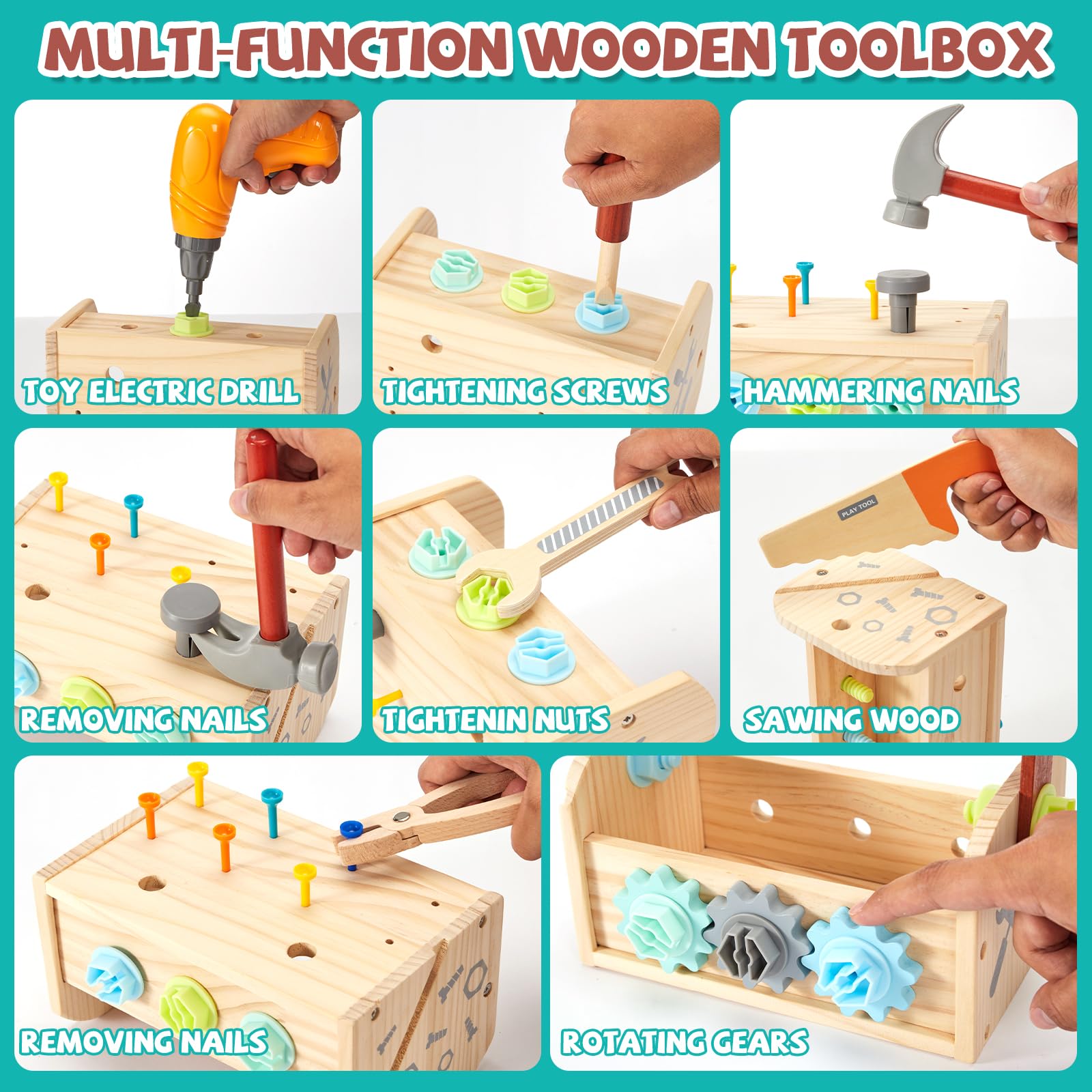 Juego de herramientas para niños – 54 piezas de herramientas de madera para niños pequeños con caja de madera, juguete educativo de construcción para niños de 2, 3, 4, 5, 6 años, taladro de juguete 4