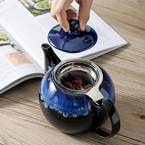 Miniatura 6 de KOOV Tetera de cerámica con infusores para té suelto, tetera de porcelana de 34 onzas para 6 tazas, tetera de té blanco para fiesta de té de alta