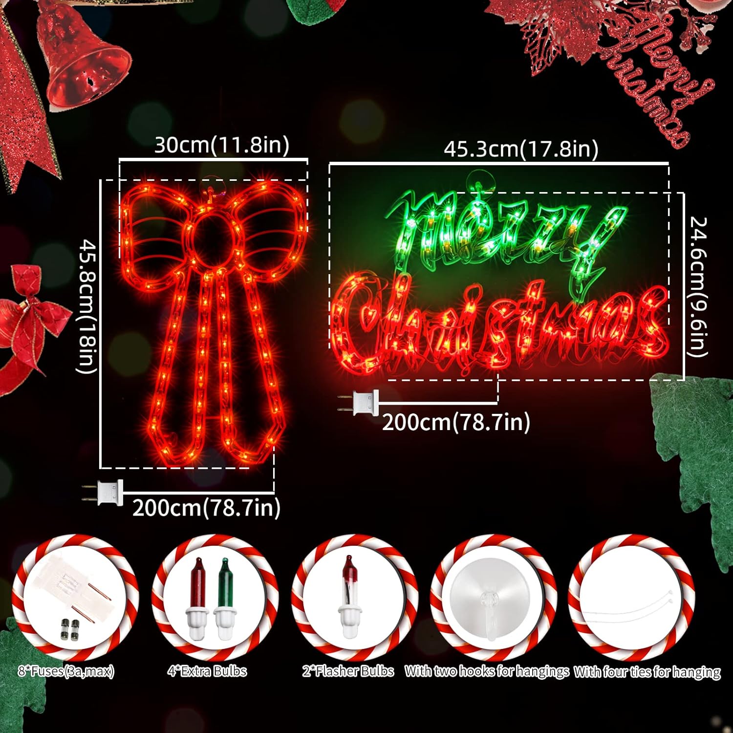 2 Pack Christmas Window Silhouette Lights，Including: Bow x1,Merry Christmas x1, Window Lighted Bow and Merry Christmas for Home Indoor Wall, Patio Lawn