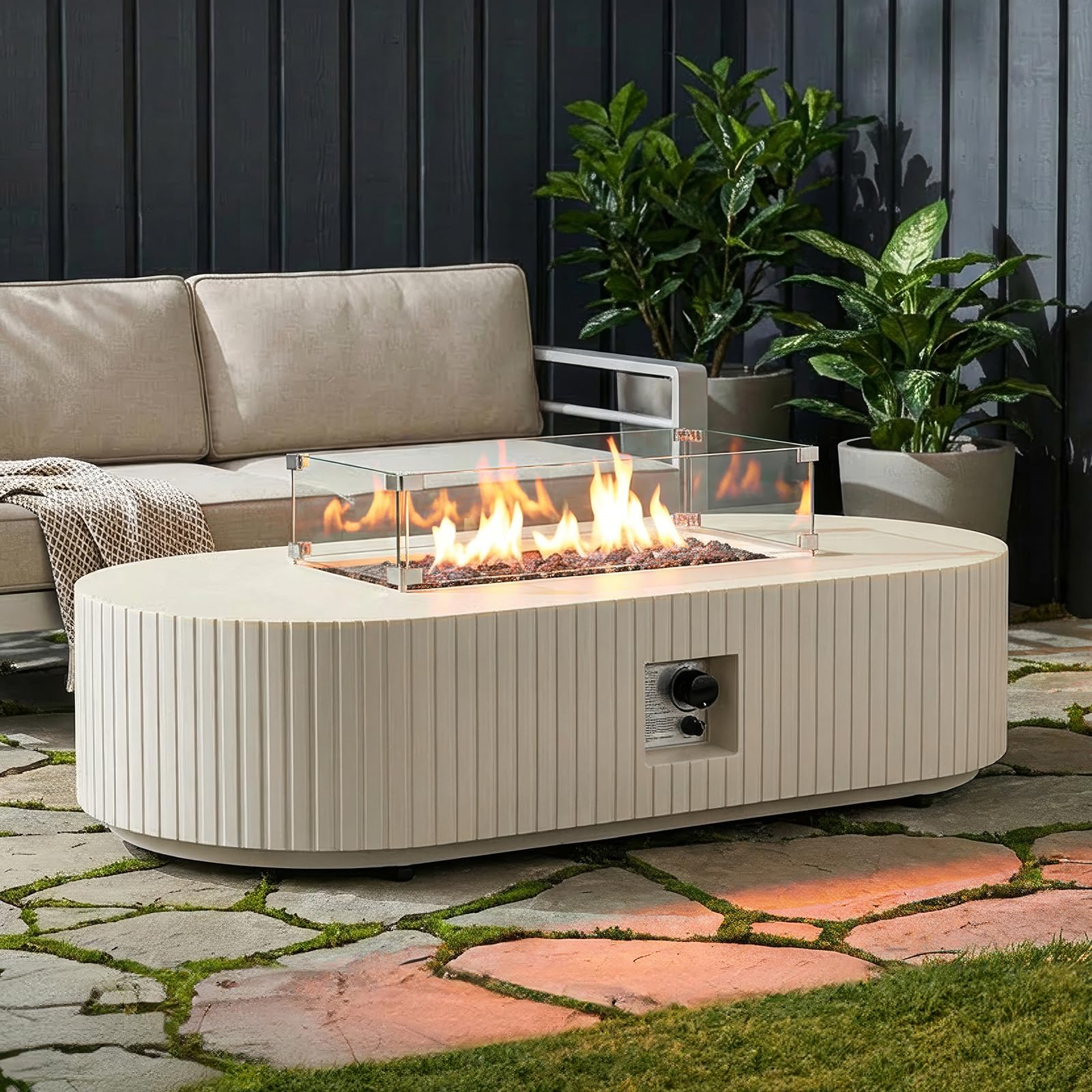 60" Oval Propane/Natural Gas Fire Pit Table with Wind Guard, Outdoor Patio