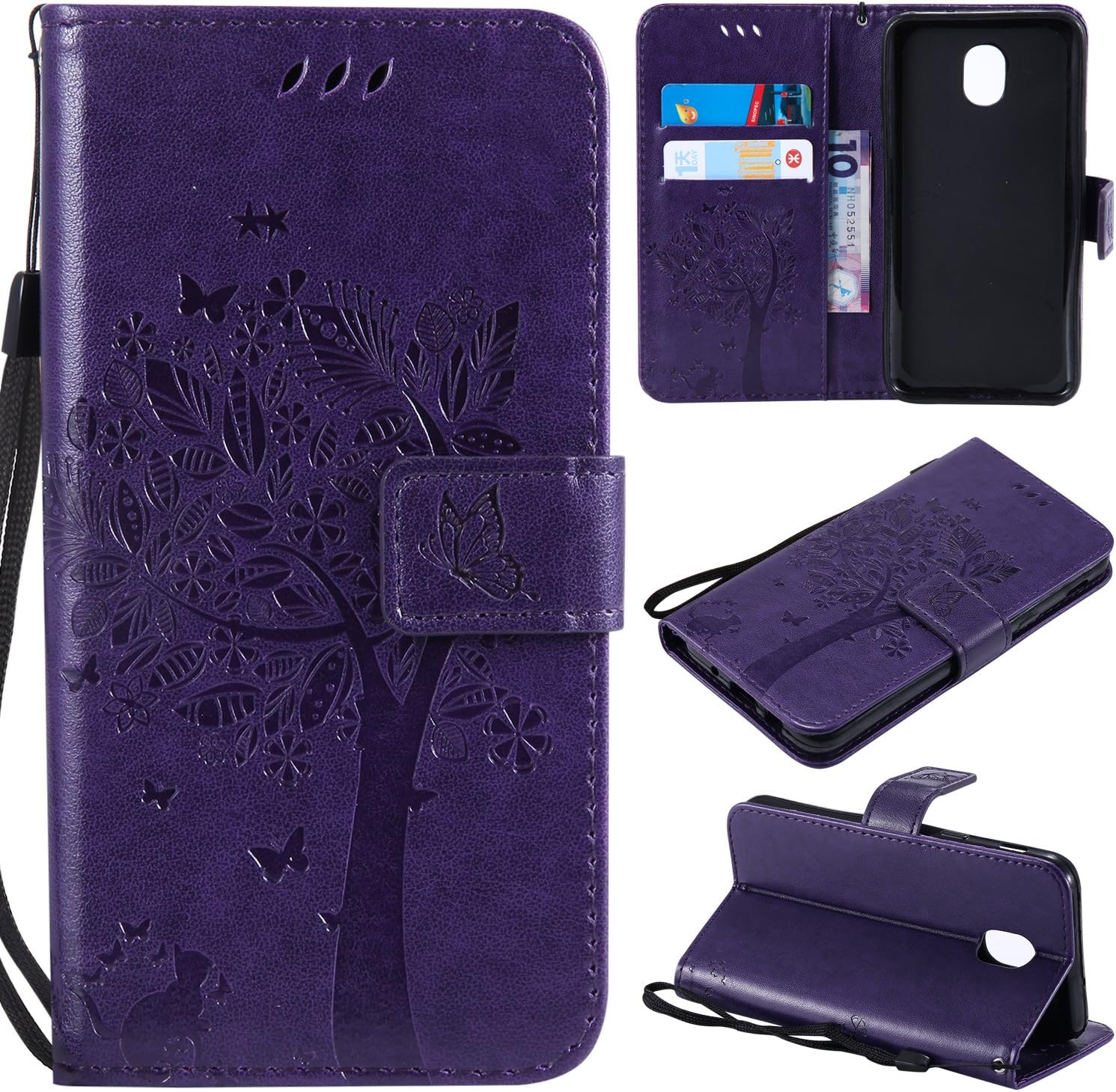 Galaxy J3 2018 Case,Express Prime 3 Case,J3 Star Case,J3 V 3rd Gen Case,J3 Achieve Case,PU Leather Case Emboss Love Tree Cat Card Holder Flip Case for Samsung Galaxy J3 2018/Amp Prime 3 Purple