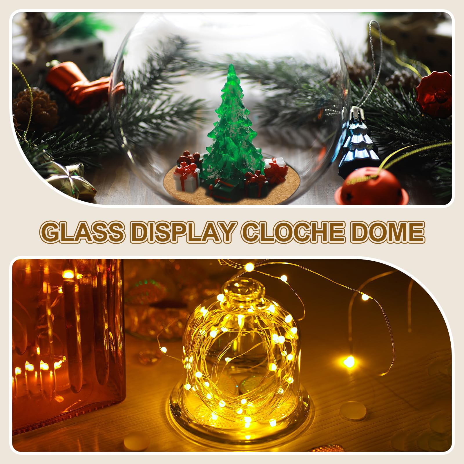 QUARKZMAN Cloche Ronde En Verre Dôme, 7.9" x 5.9" Cloche En Verre Décorative Avec Base Brun Clair Pour DIY Fleurs Artisanat, Spécimens Collection Plantes Protection Contre La Poussière