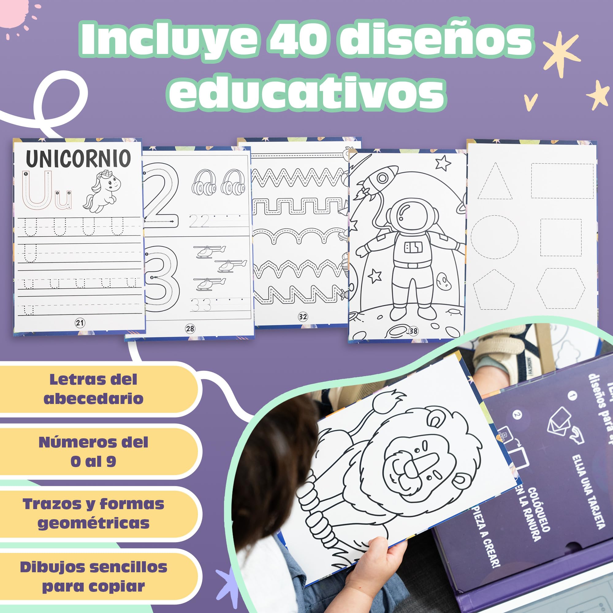 LUMS Pizarra Mágica infantil 11 Pulgadas - 40 Tarjetas con Números, Letras, Figuras y Dibujos - Plantillas Gratis Descargables - Regalo Educativo y Creativo para Niños 3-6 Años - Juguete Montessori