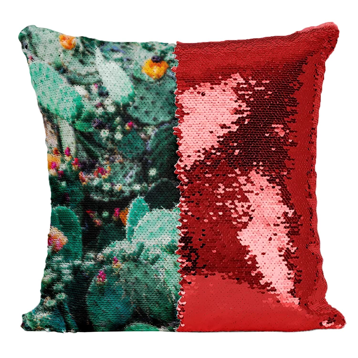 Coussin sequin rouge Opuntia en fleur déco cactus