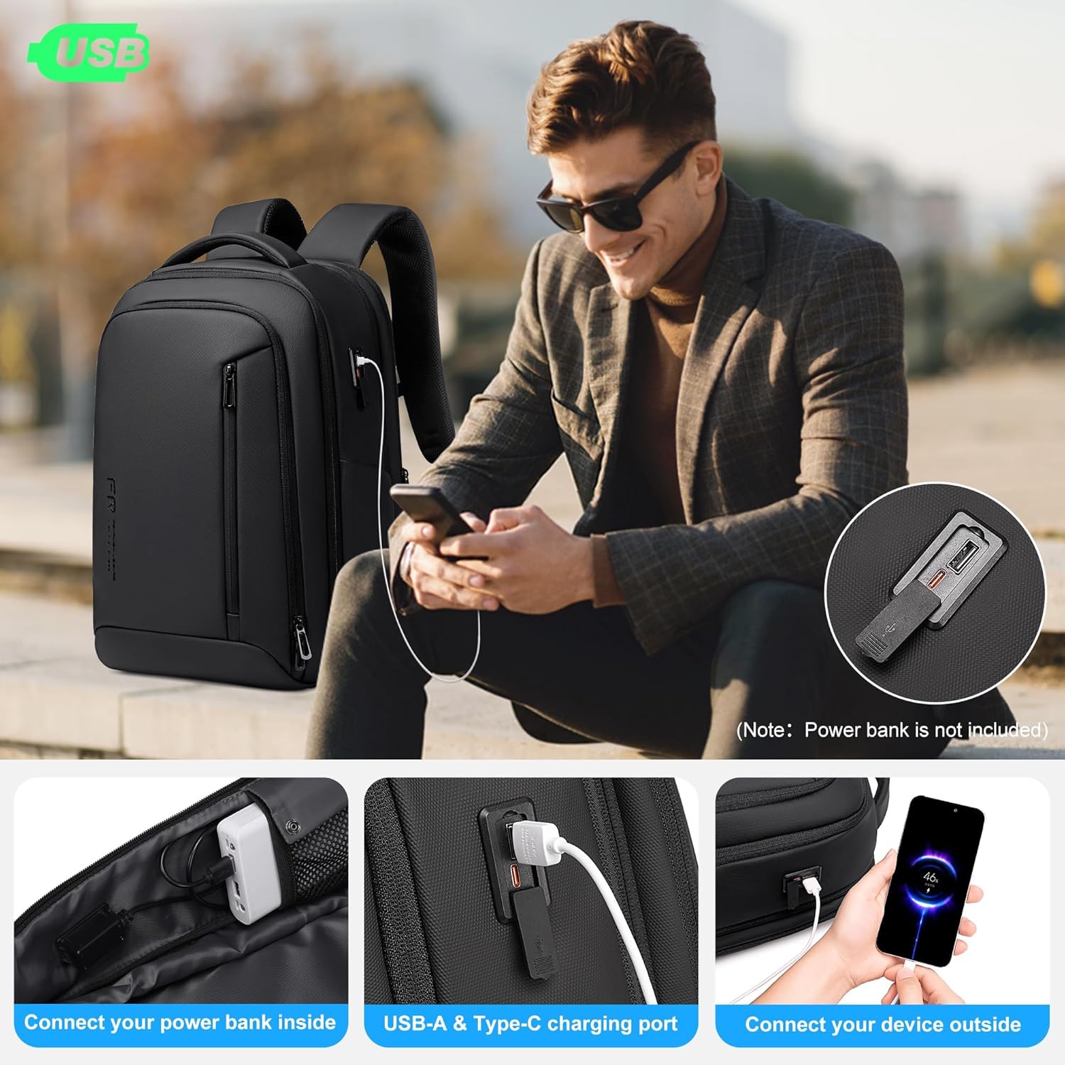 Business Travel Backpack for Men, Expandable Water Resistant 17 Inch Laptop Backpack with USB Port, Black Computer Backpack for College/Work - Image 6