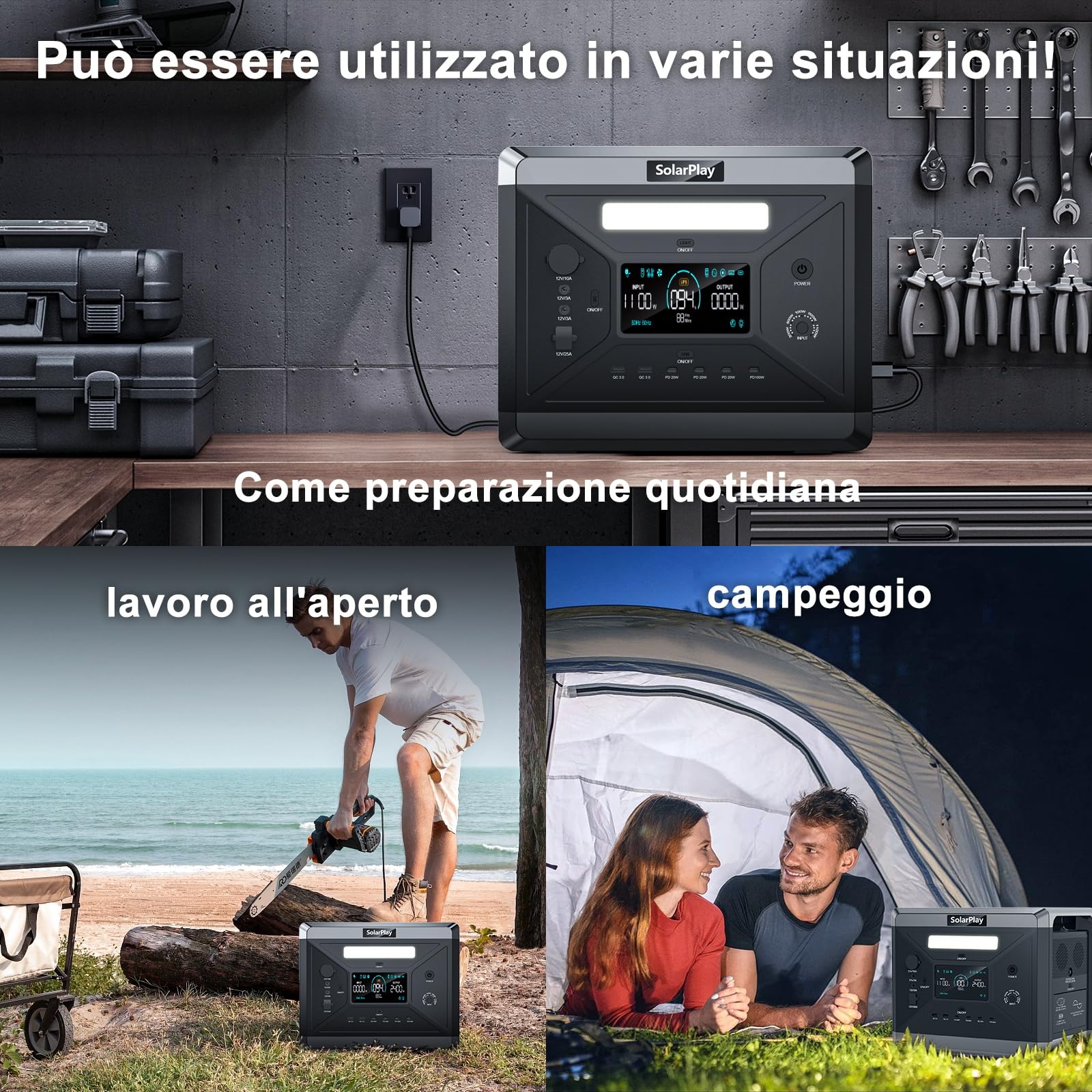SOLARPLAY Centrale Elettrica Portatile 2400W,(4800W Potenza di Picco) Generatore Solare 2160Wh con Batteria LiFePO4,12 Porte, per Campeggio,Camper, RV, Viaggi, Emergenza Mancanza (2400W+200W+Trailer)