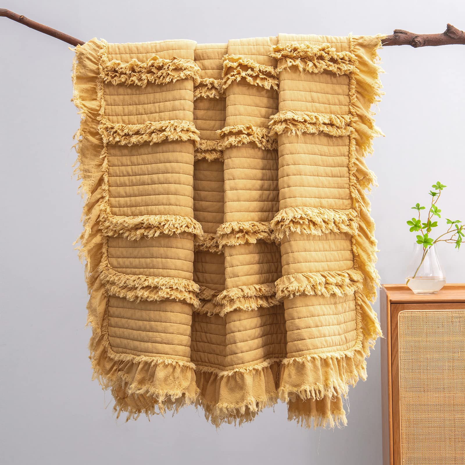 Ultra Soft Pre-Washed Quilted Throw Blanket, Ruffle Fringed Yellow Boho Decorative Throw, Stone Washed Chic Rustic Blanket for Sofa Couch Bed Chair, 50"x 60"