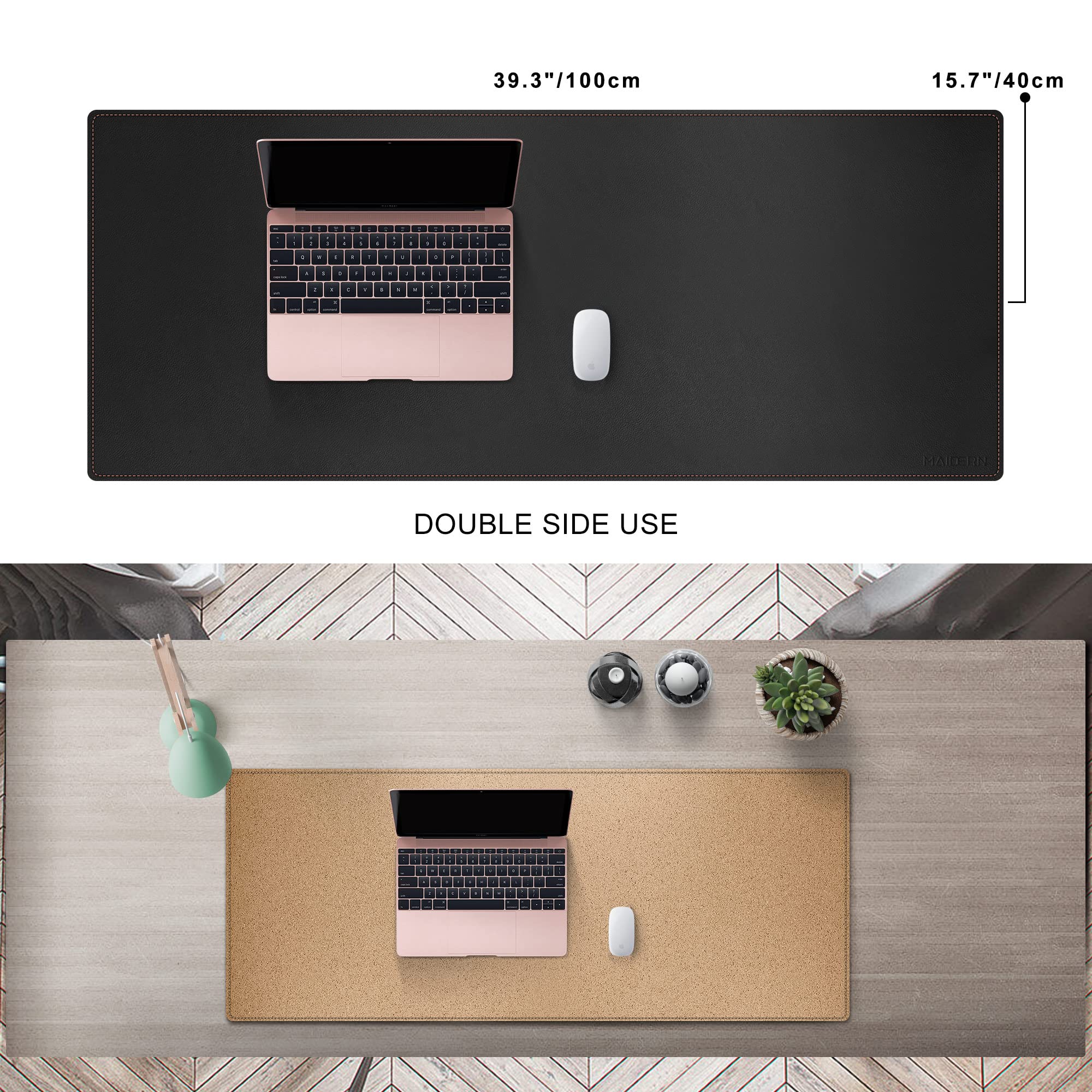 MAIDERN Tappetino Scrivania pelle in Sughero,100x40cm sottomano scrivania bifacciale,Tappetino per Mouse impermeabile e antiscivolo ,per Casa/Ufficio(Nero)